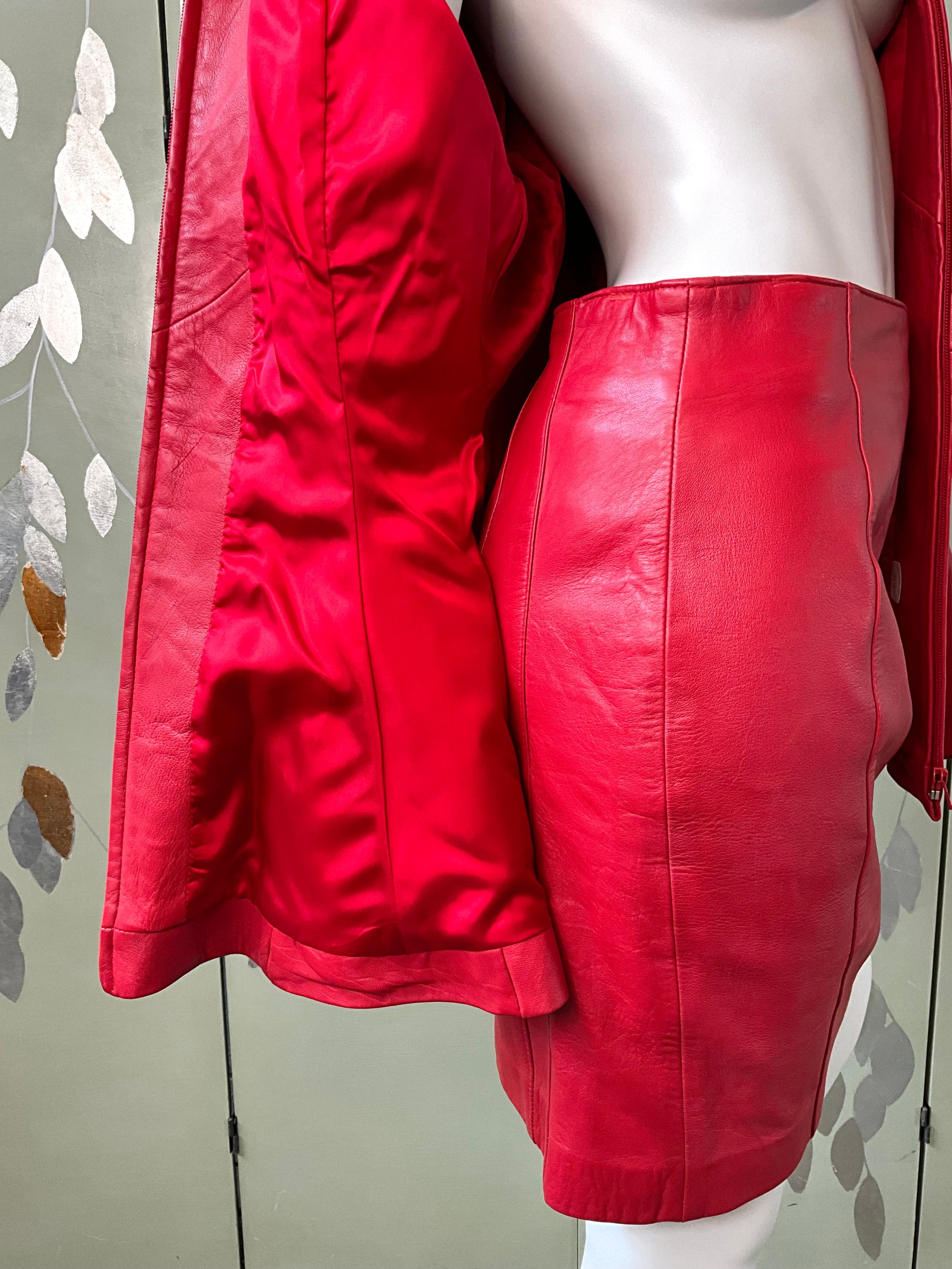 Vintage 1980s Red Leather Peplum Jacket & Skirt Set, Medium 