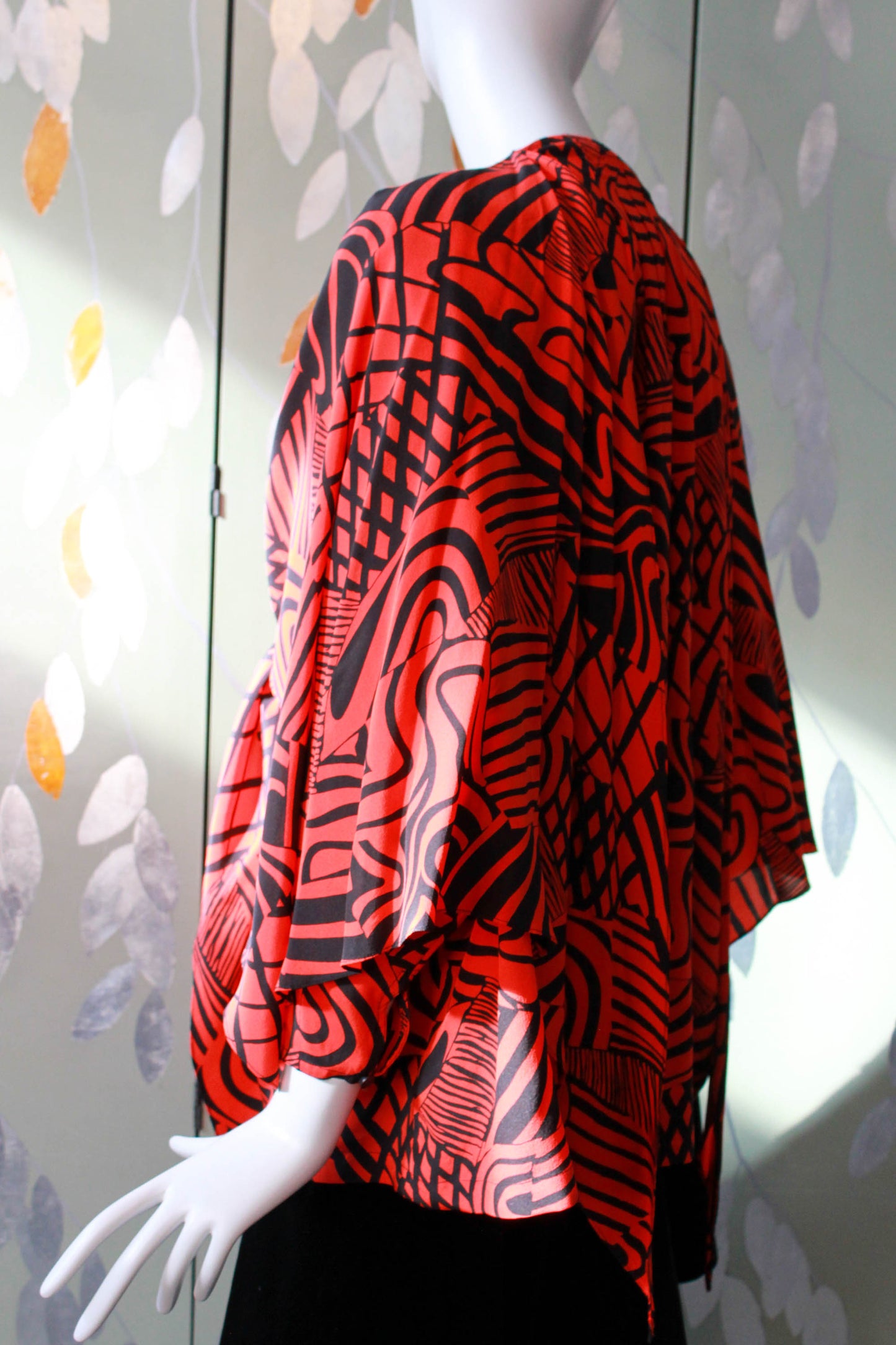 1980s red and black abstract print silk blouse with cape tie front layer