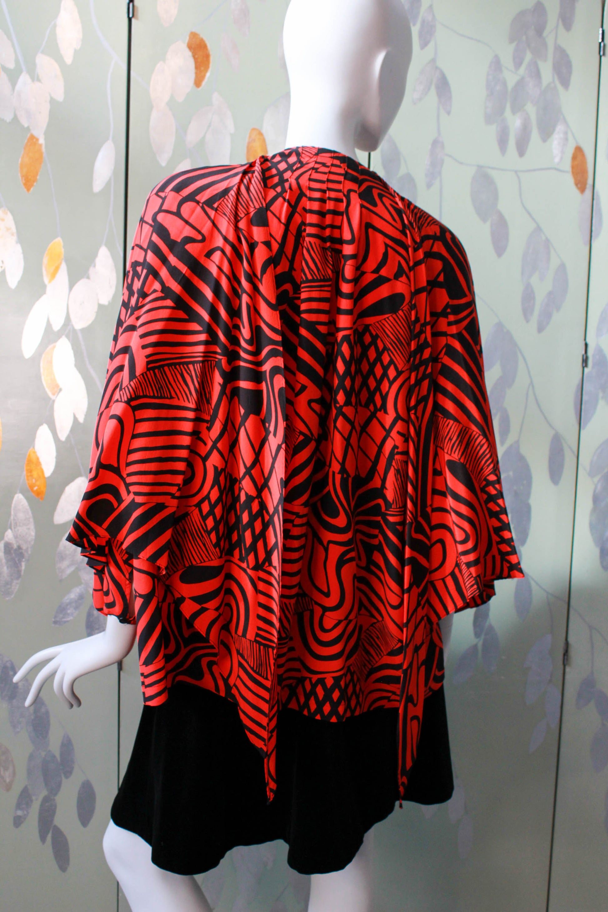 1980s red and black abstract print silk blouse with cape tie front layer