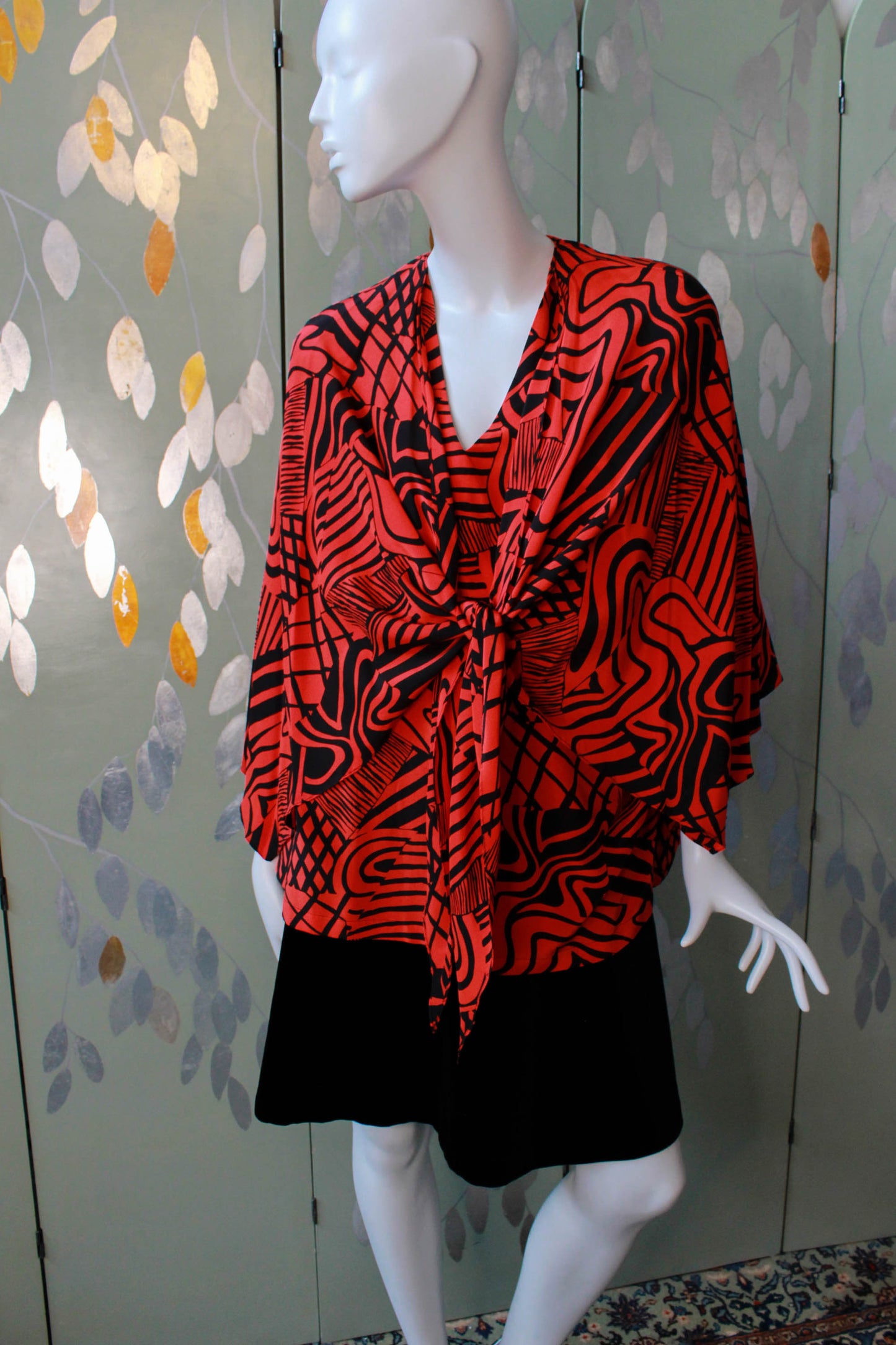 1980s red and black abstract print silk blouse with cape tie front layer\