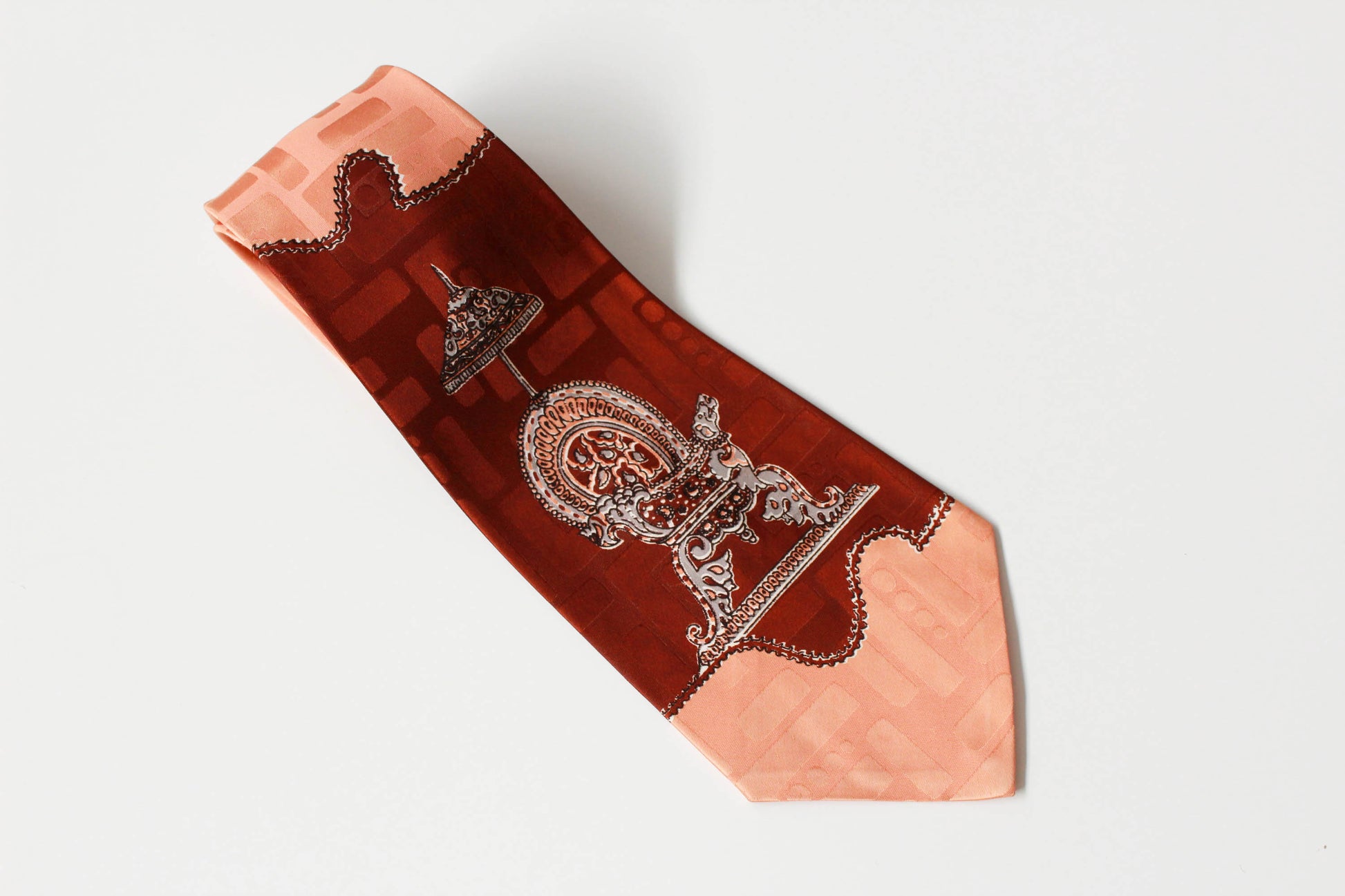 1940s ornate chair and lamp print rayon necktie by Manhattan, wide tongue bold look swing tie, brown and peach 