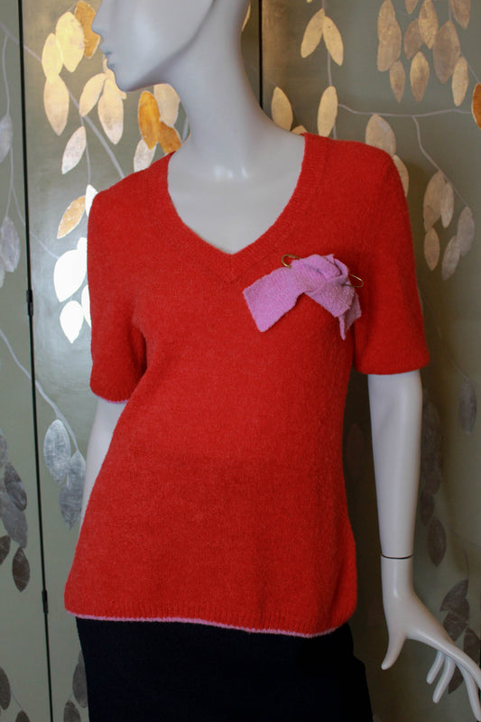 Roksanda Alpaca Knit Short Sleeve Sweater, Bright Red with Pink Bow Safety Pin, V Neck, y2k fashion