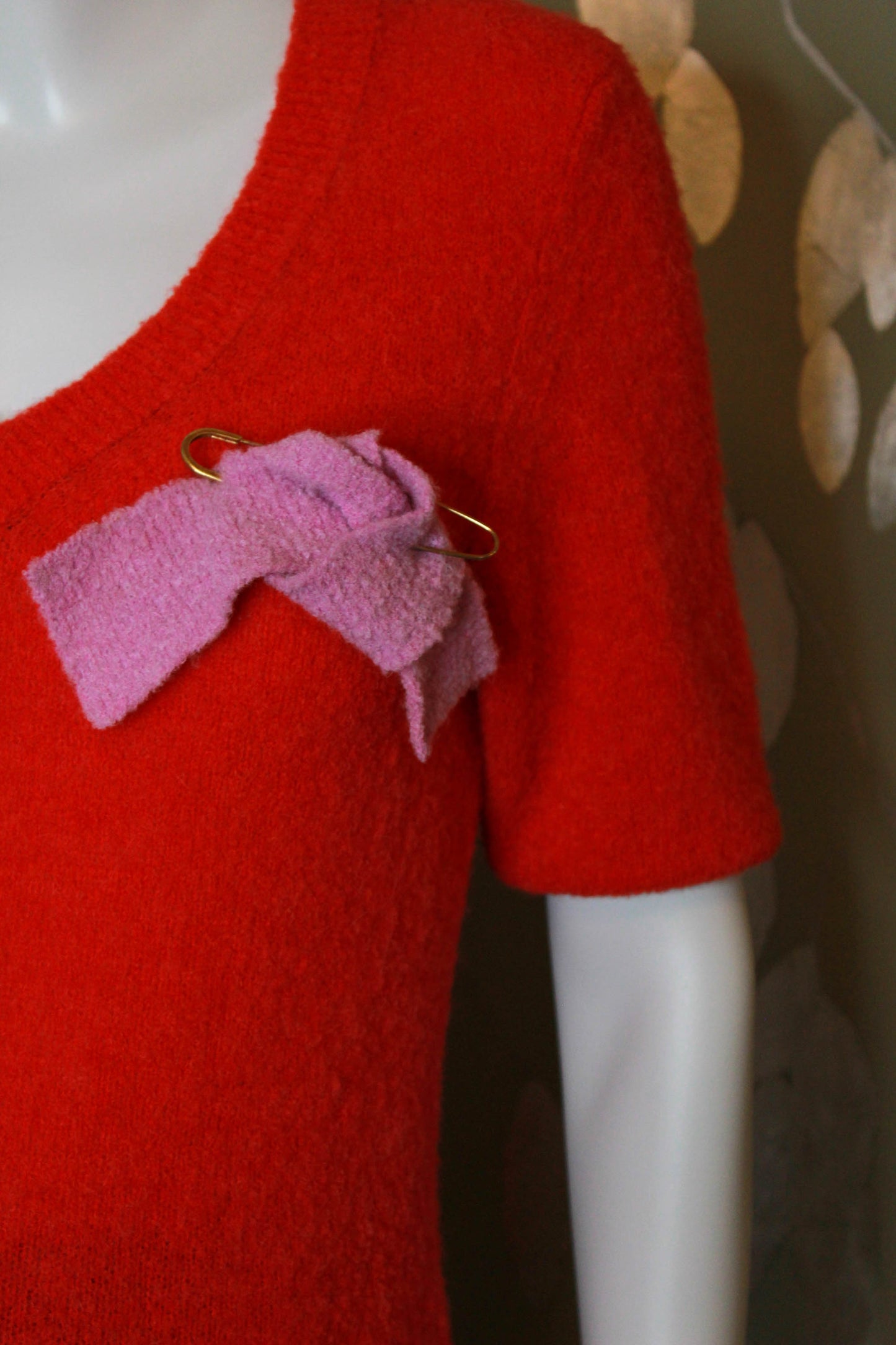 Roksanda Alpaca Knit Short Sleeve Sweater, Bright Red with Pink Bow Safety Pin, V Neck, y2k fashion