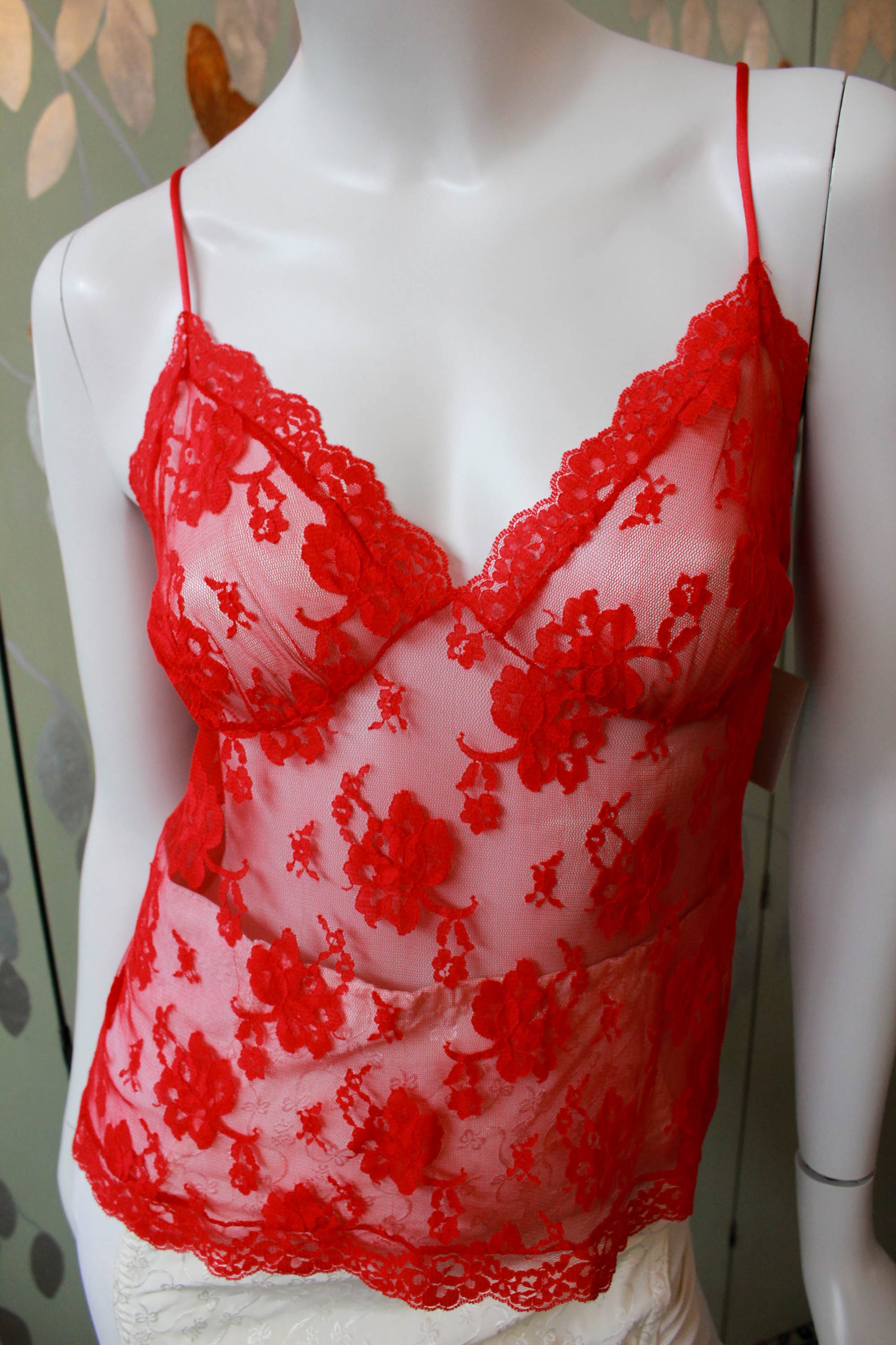 1980s Bob Mackie Red Lace Sheer Lingerie Camisole with Spaghetti Straps