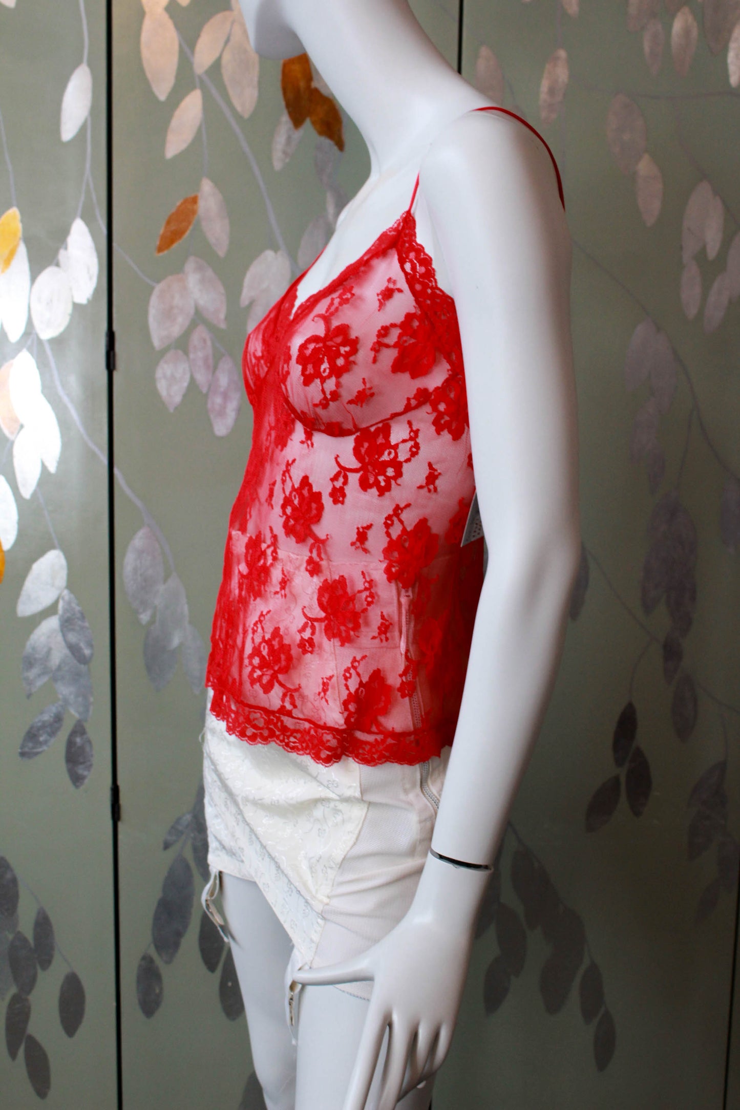 1980s Bob Mackie Red Lace Sheer Lingerie Camisole with Spaghetti Straps