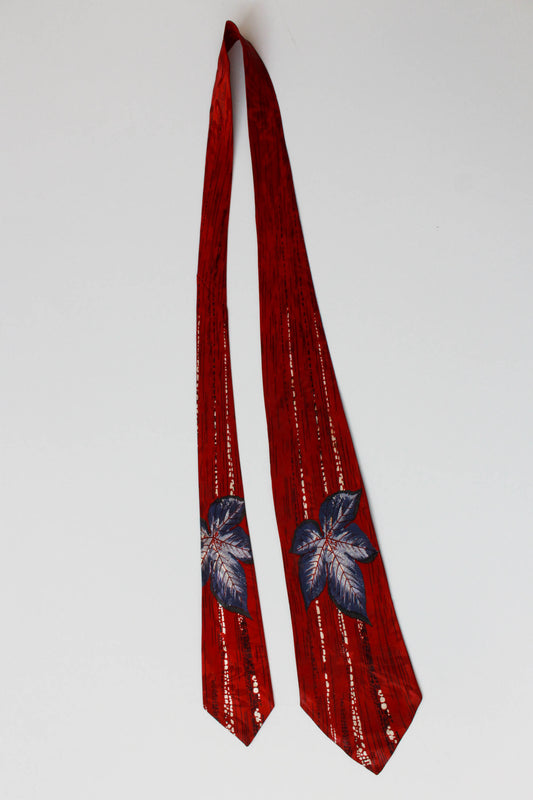 1940s Red Rayon Necktie with Blue Flower Print