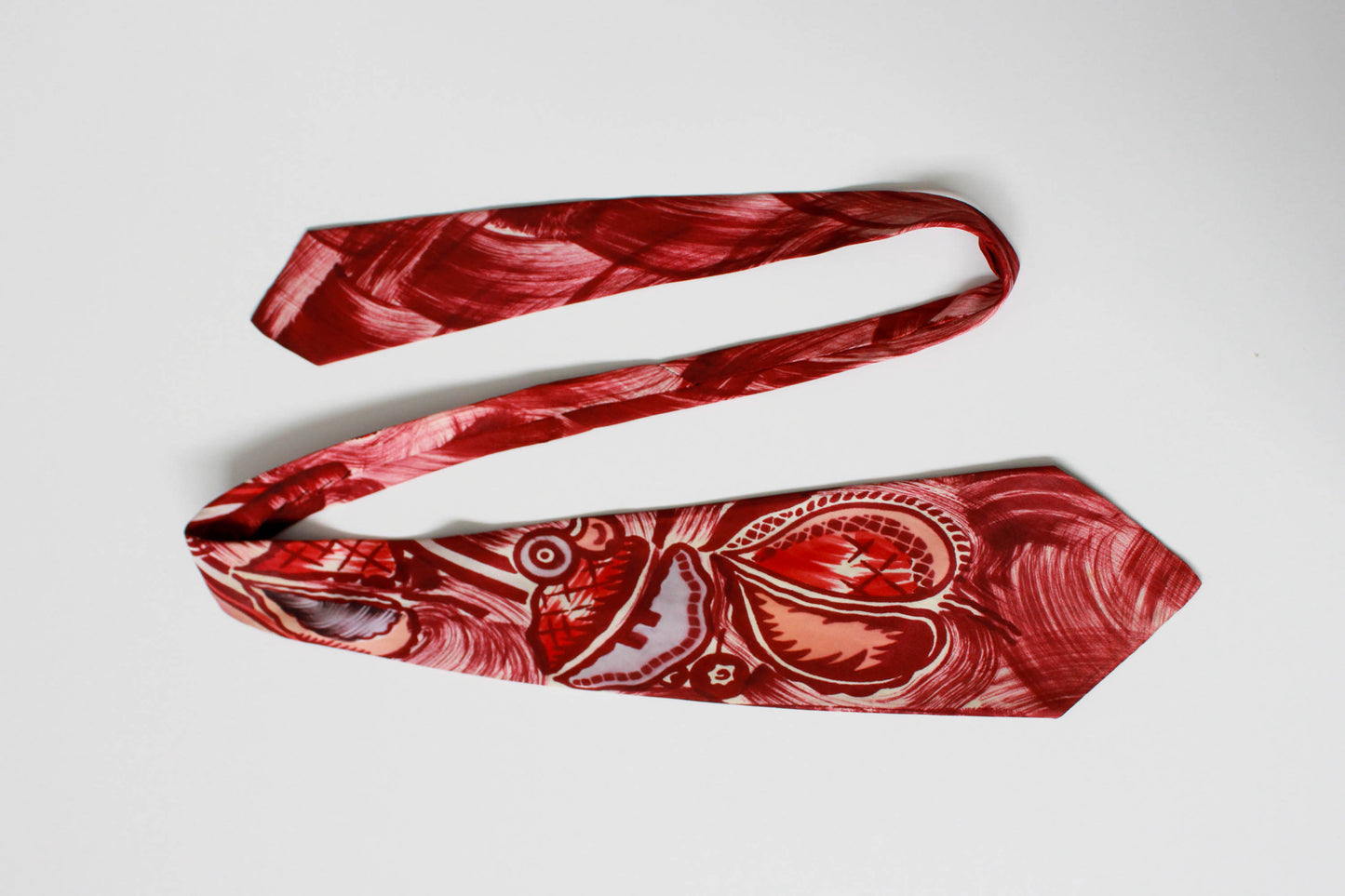 1940s red abstract print hand painted rayon wide tongue necktie vintage gift for him