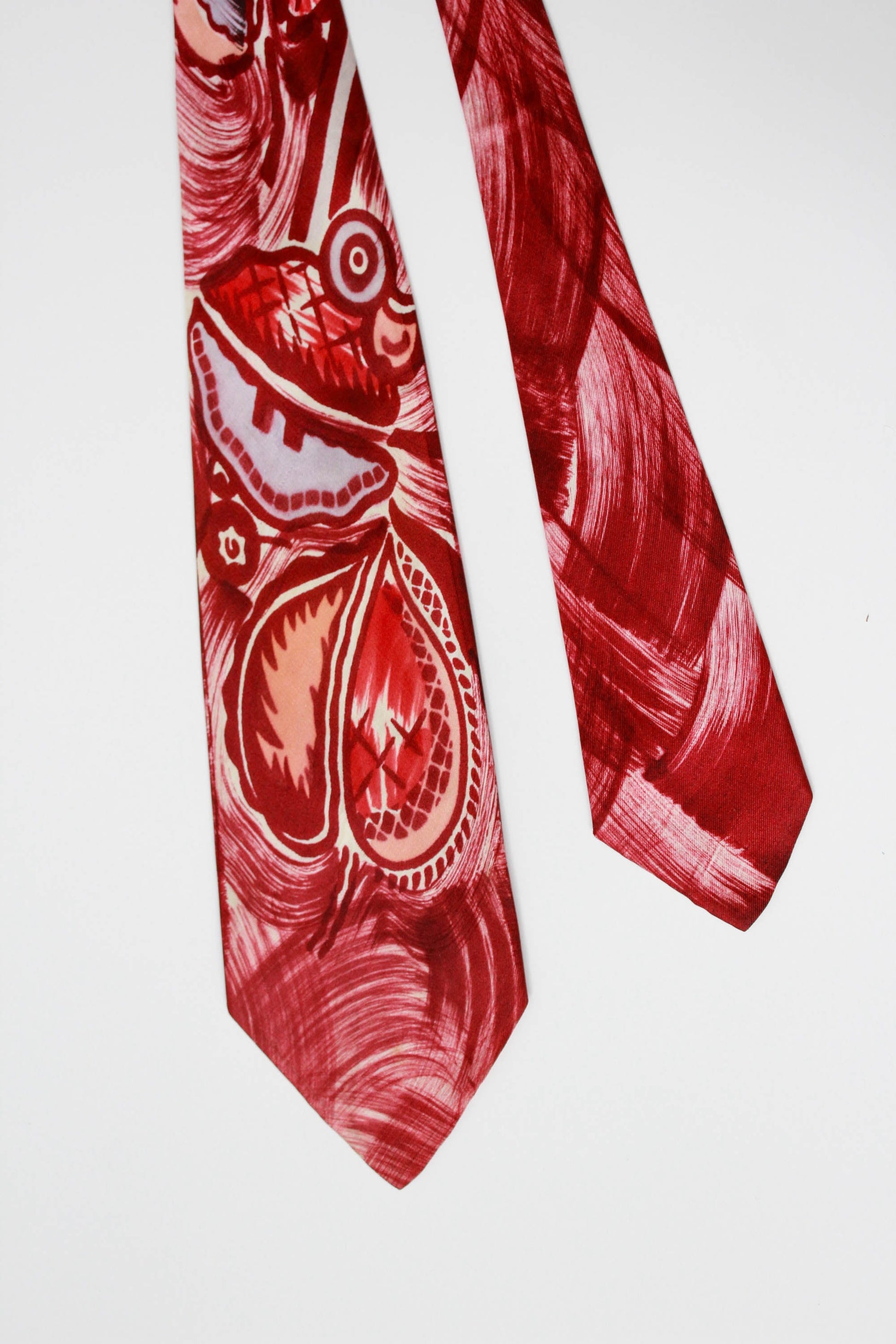 1940s red abstract print hand painted rayon wide tongue necktie vintage gift for him
