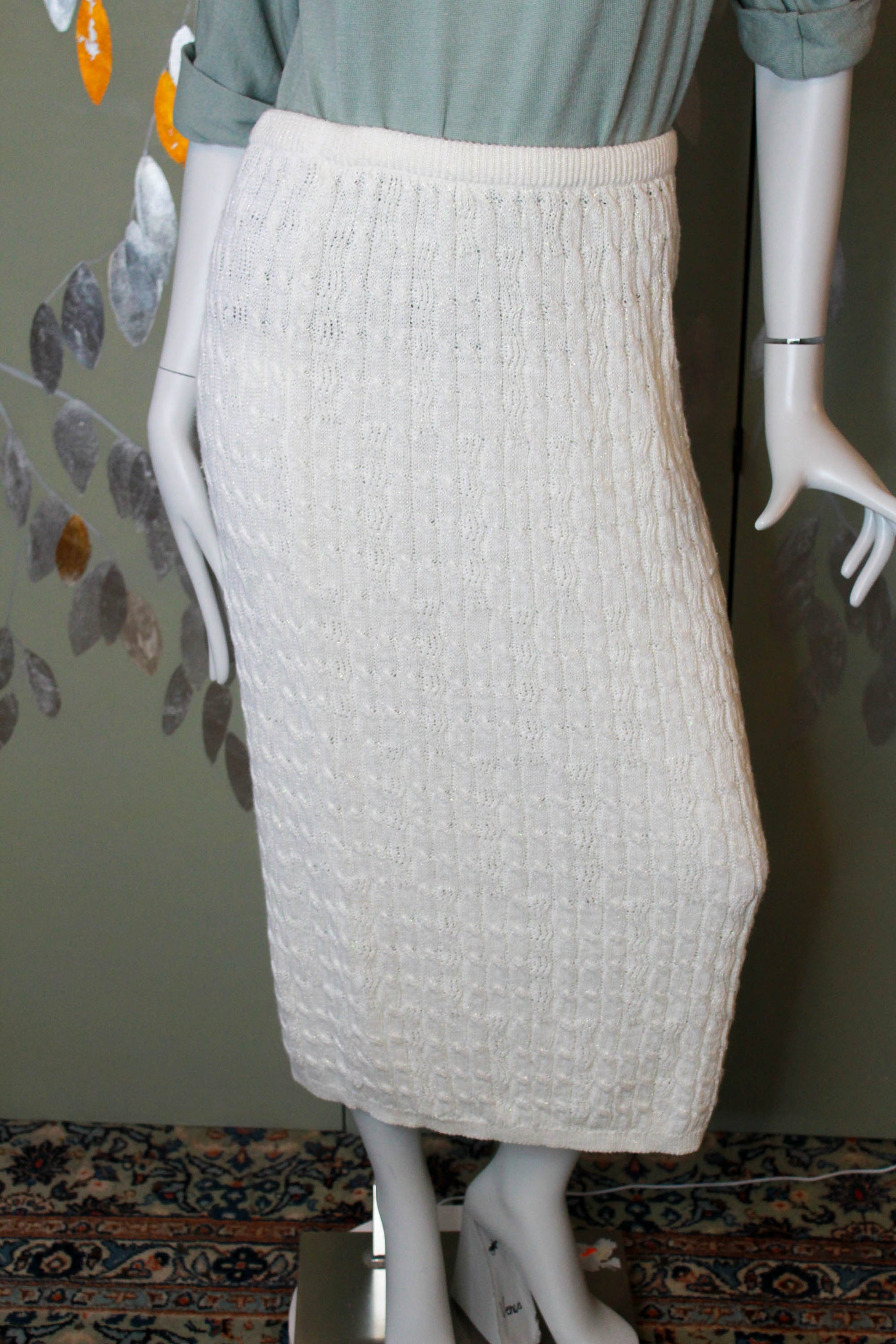 Vintage 1980s Sparkly White Cable Knit Skirt, Medium