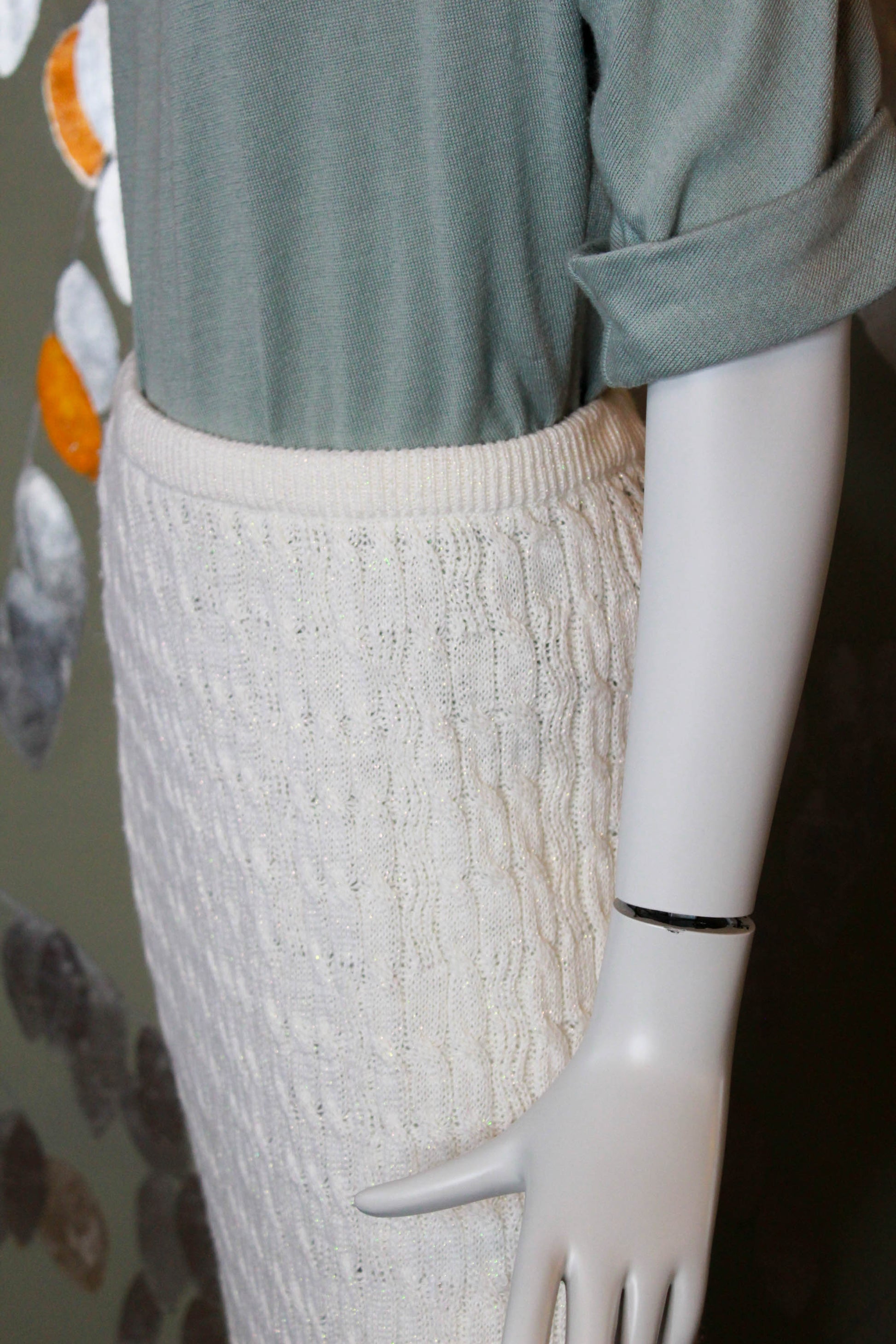 Vintage 1980s Sparkly White Cable Knit Skirt, Medium