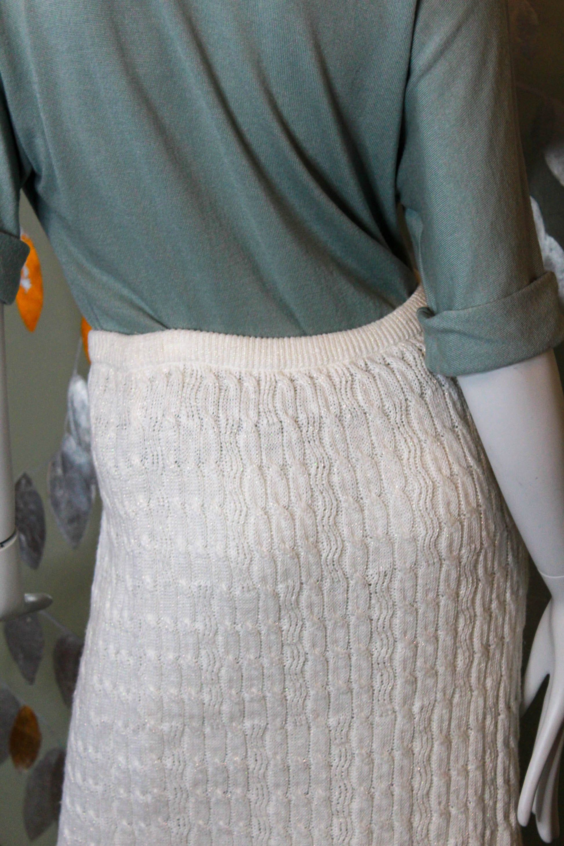 Vintage 1980s Sparkly White Cable Knit Skirt, Medium