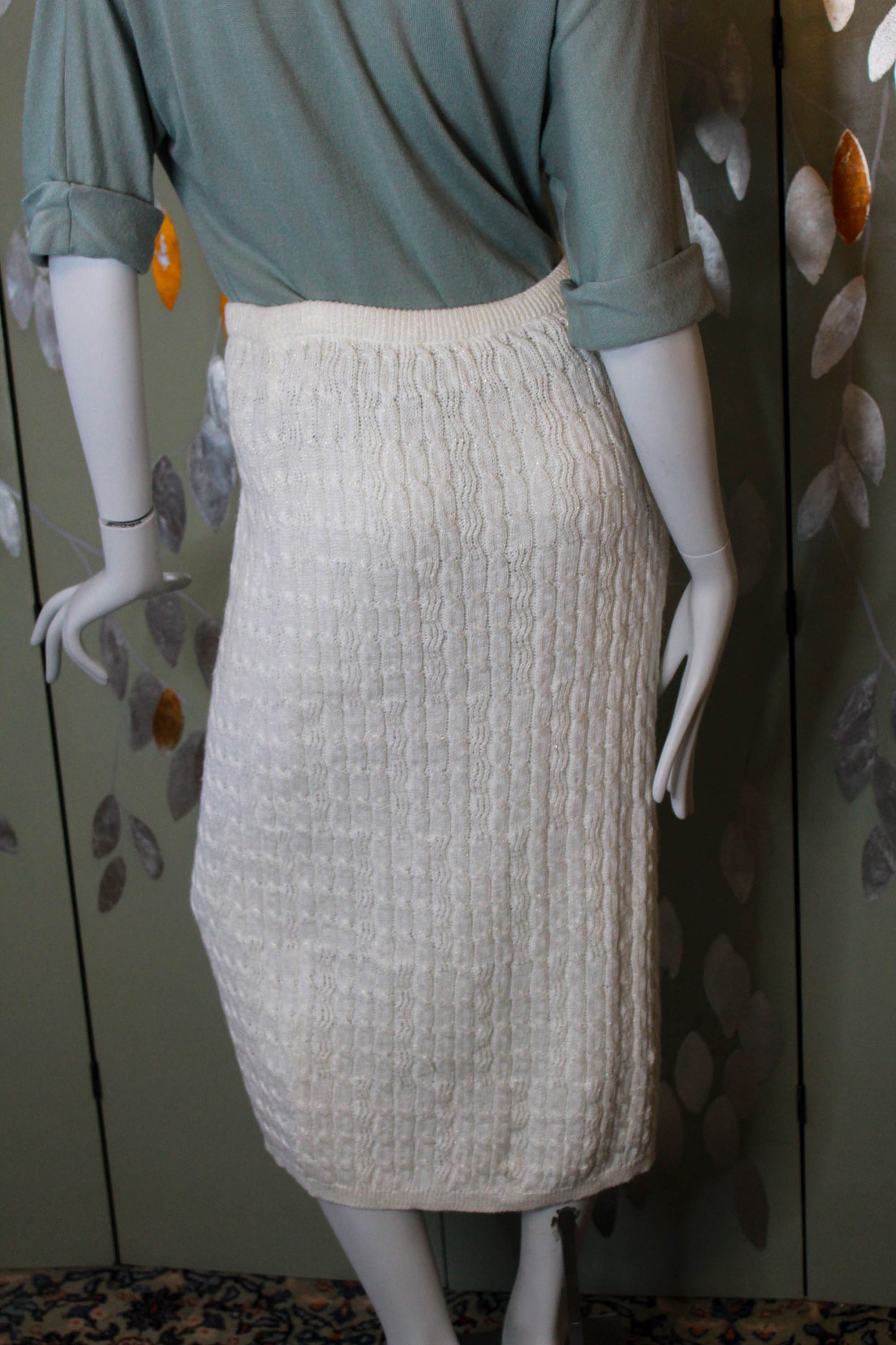 Vintage 1980s Sparkly White Cable Knit Skirt, Medium