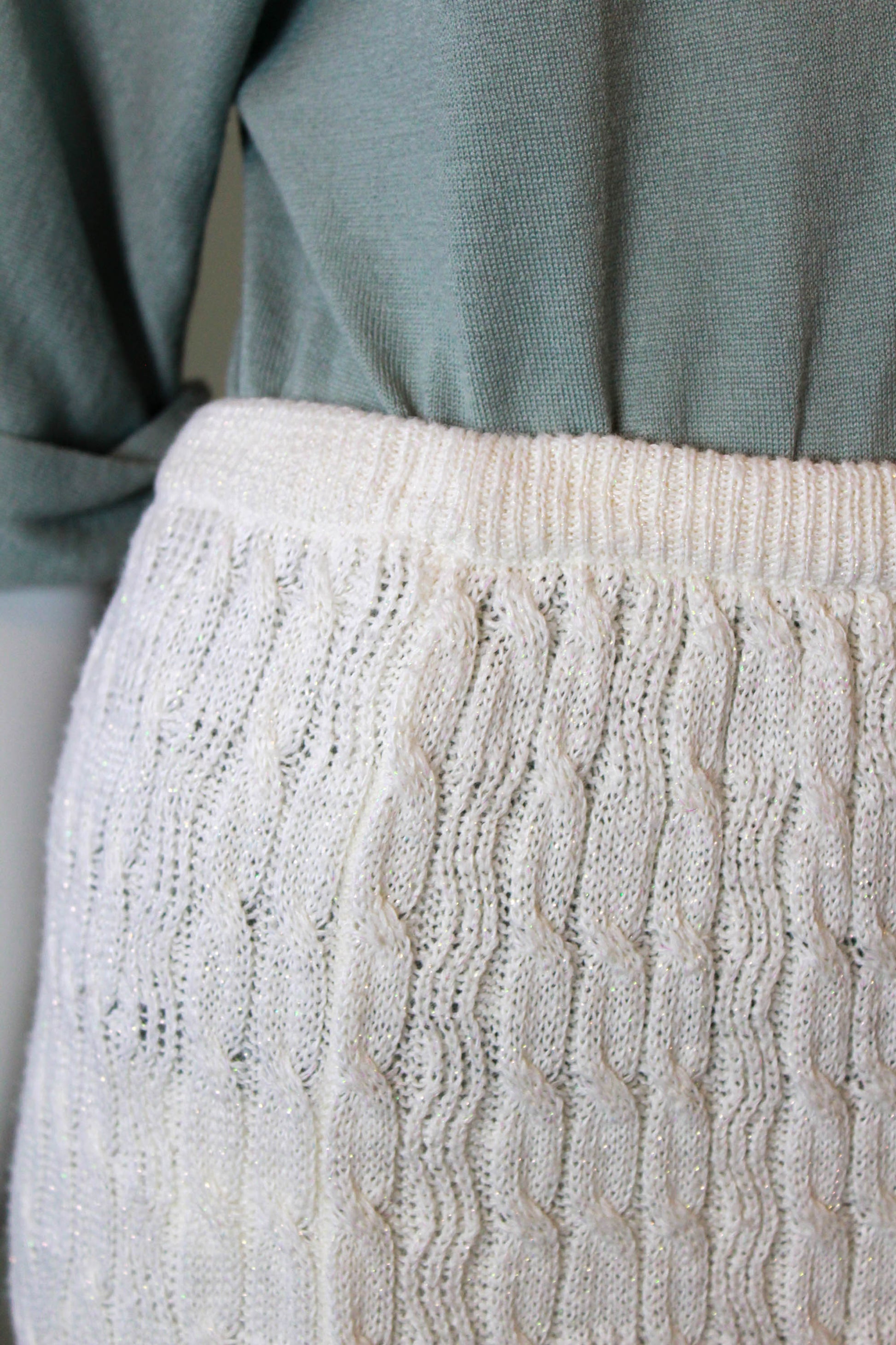 Vintage 1980s Sparkly White Cable Knit Skirt, Medium