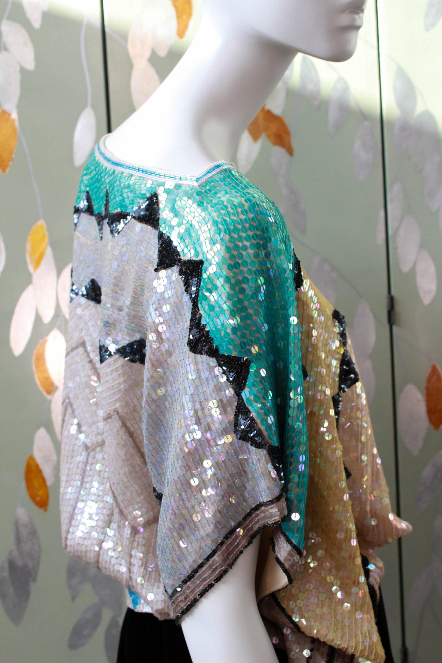1980s 70s sequin geometric batwing silk top, ballet neck, zig zag triangle pattern in black, gold, blue, beige 