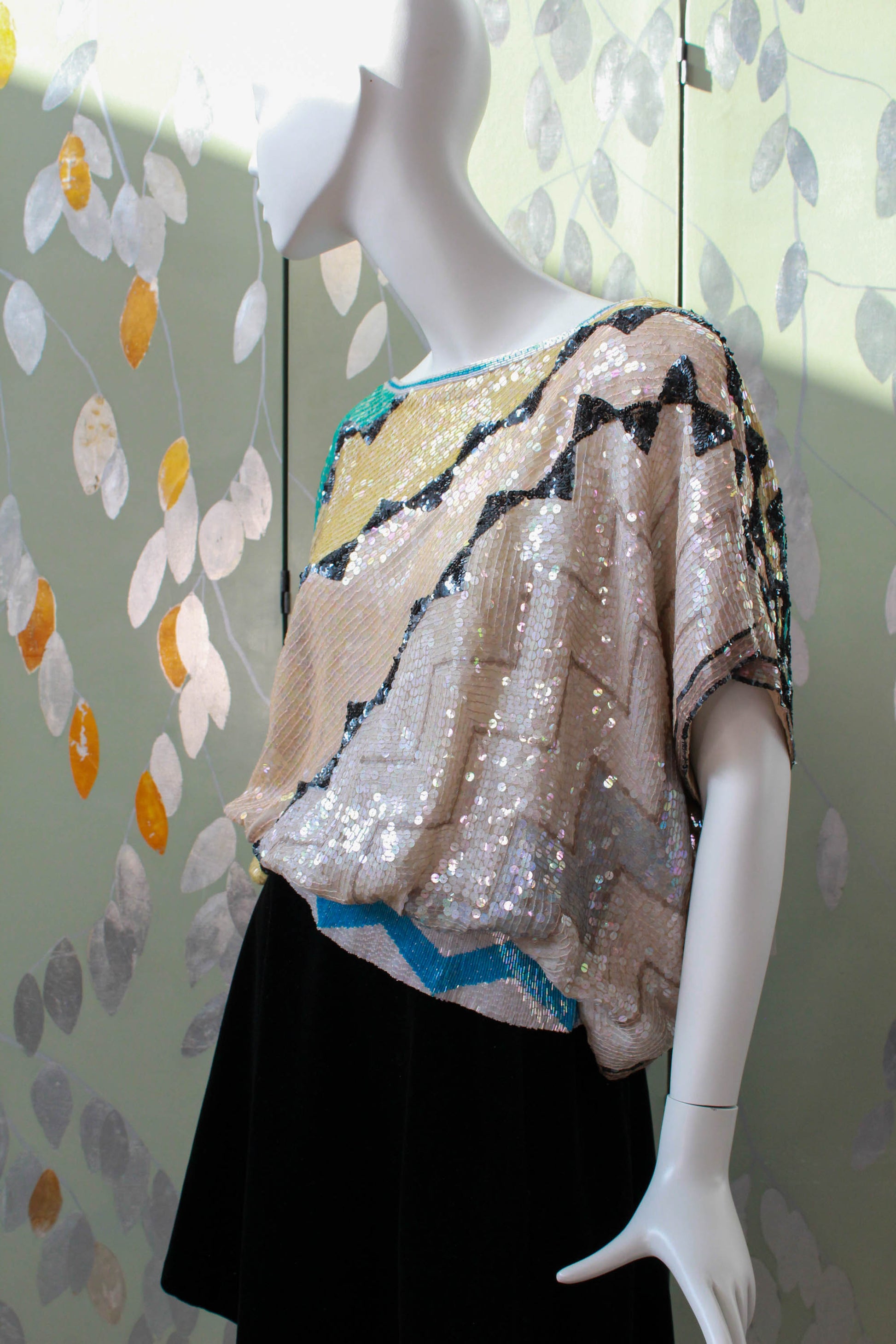 1980s 70s sequin geometric batwing silk top, ballet neck, zig zag triangle pattern in black, gold, blue, beige 