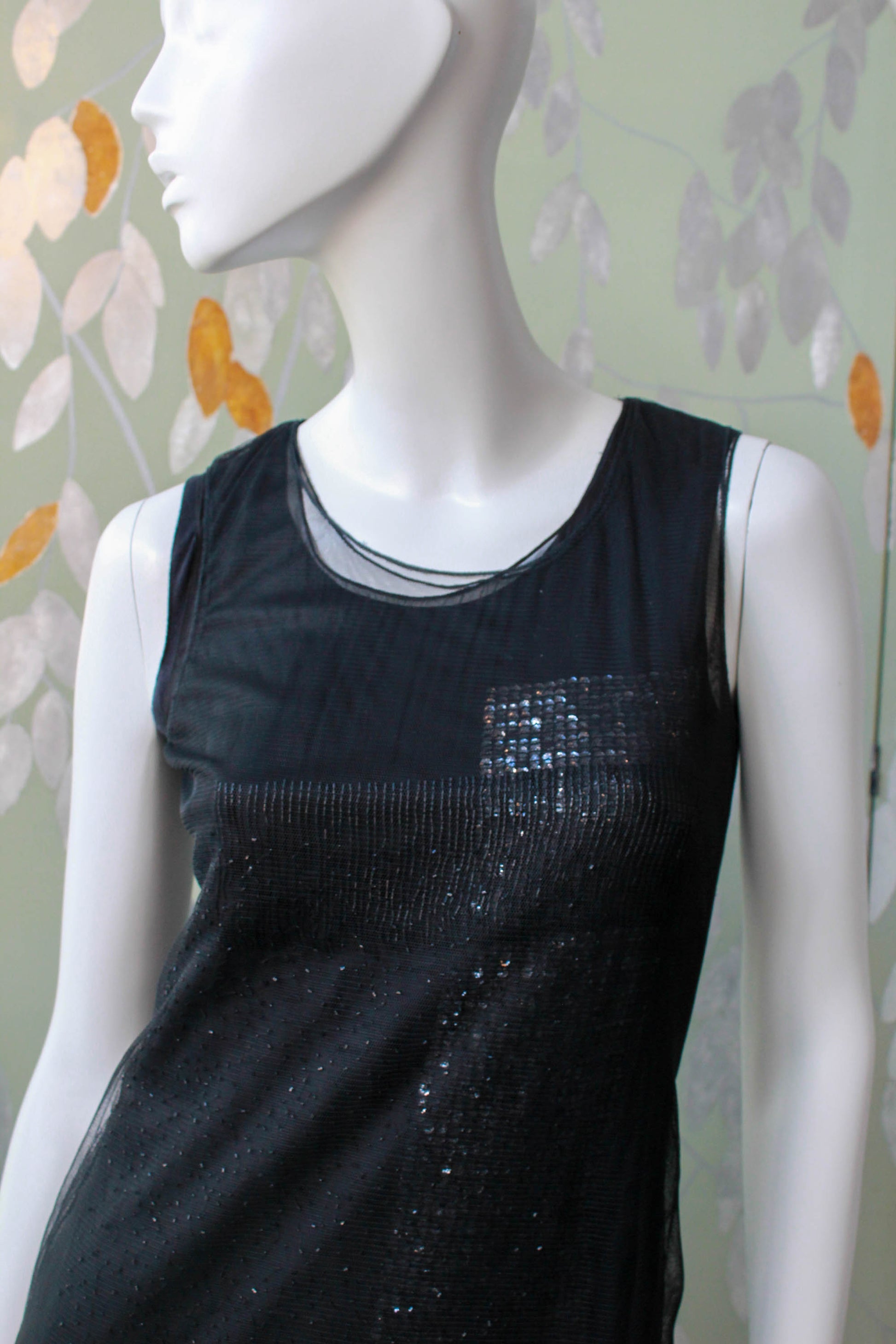 Donna Karan DKNY Black Sequin and Beaded Dress with Chiffon and Tulle, Ian Drummond Vintage Donna Karan DKNY Black Sequin and Beaded Dress with Chiffon and Tulle, Ian Drummond Vintage