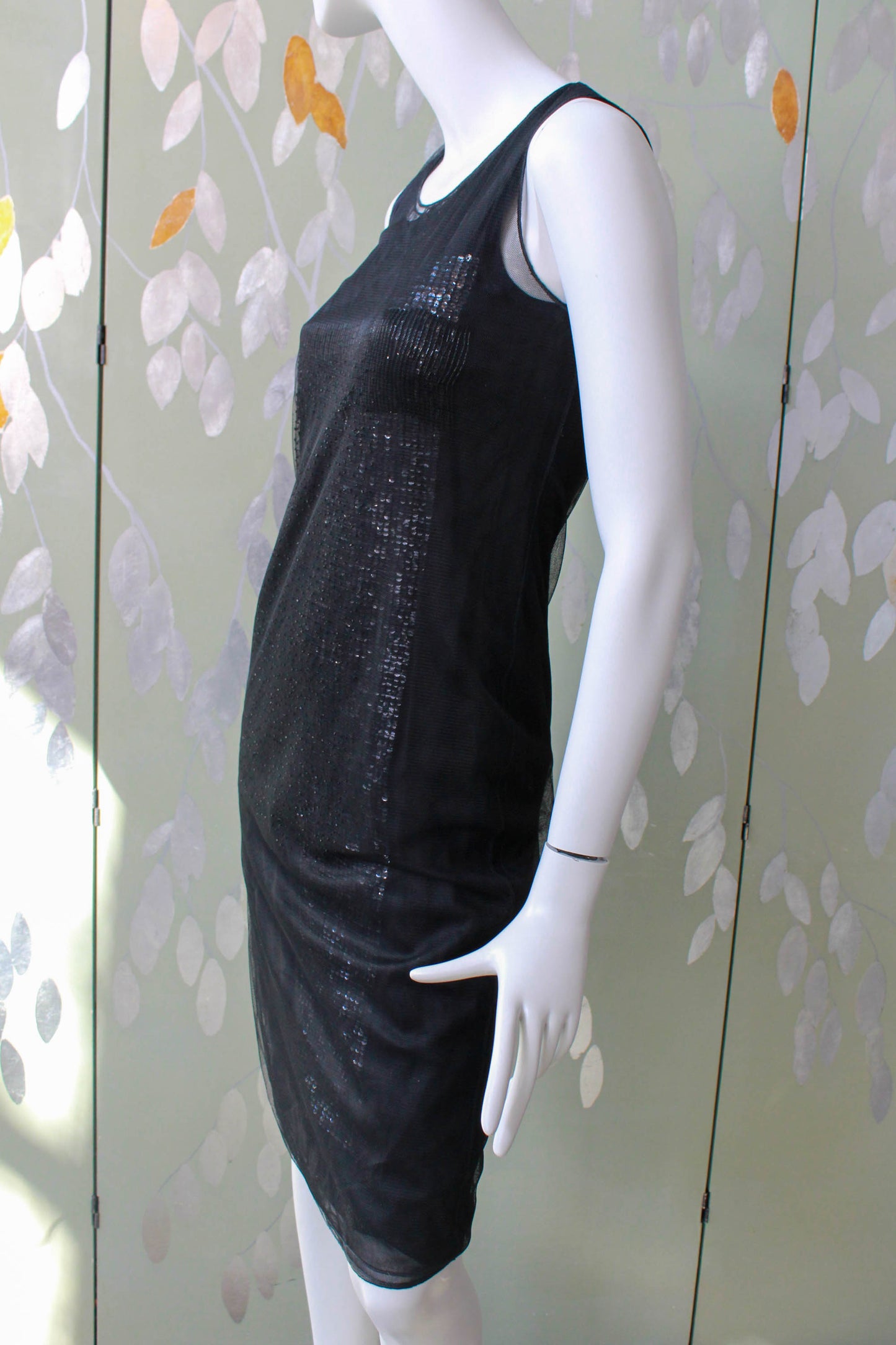 Donna Karan Signature y2k tank top dress with chiffon and tulle beaded sheer layers over solid black silver sequinned jersey layer