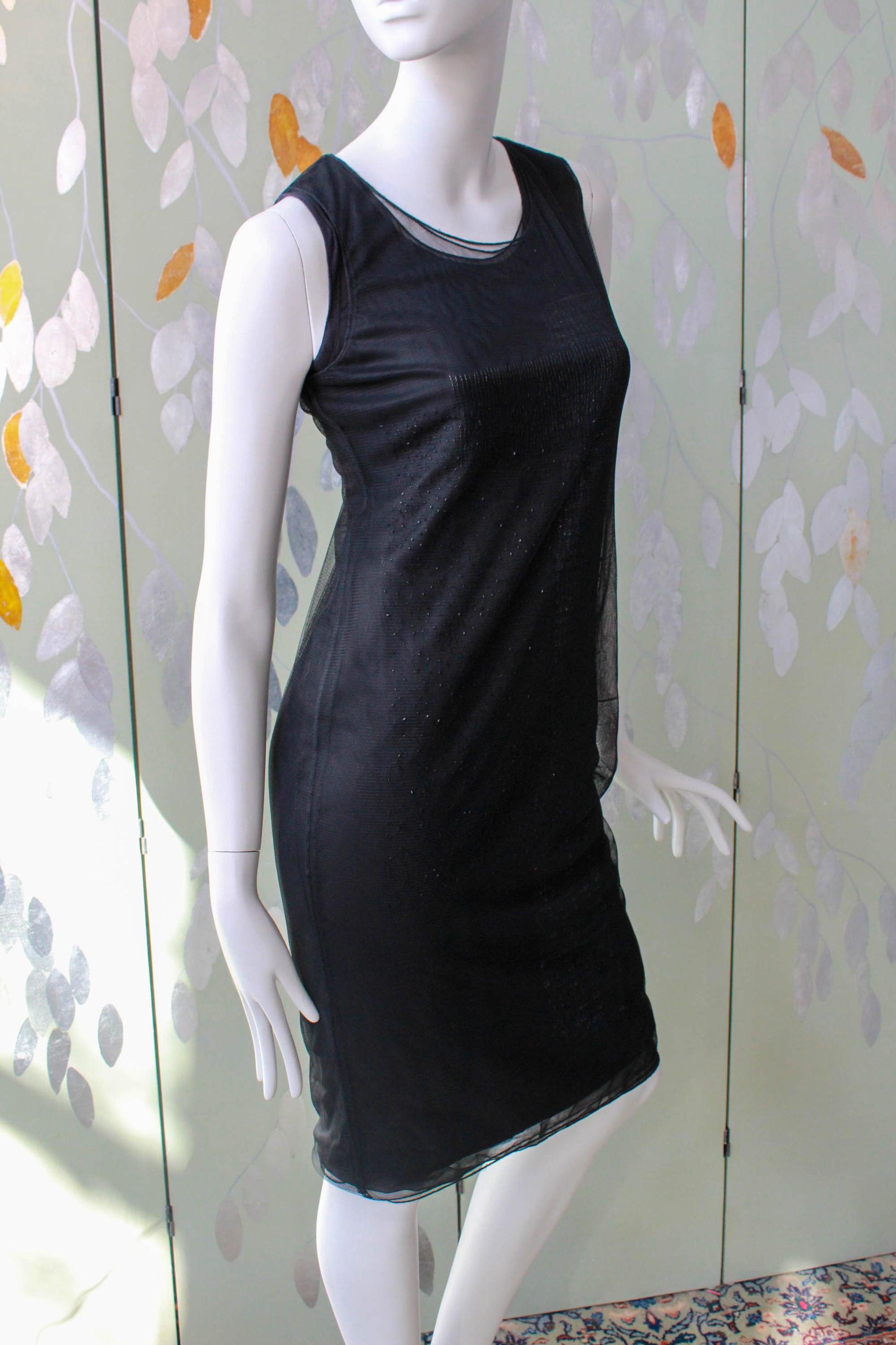 Donna Karan DKNY Black Sequin and Beaded Dress with Chiffon and Tulle, Ian Drummond Vintage Donna Karan DKNY Black Sequin and Beaded Dress with Chiffon and Tulle, Ian Drummond Vintage