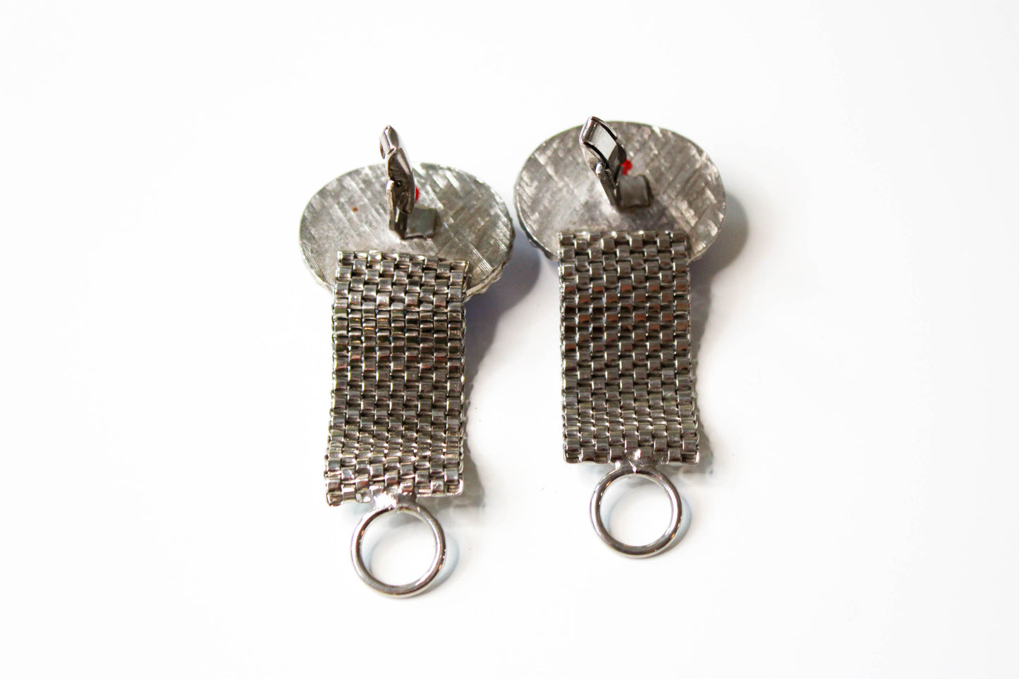 vintage silver mesh wraparound cufflinks with large blue glass oval cabochons, braided border