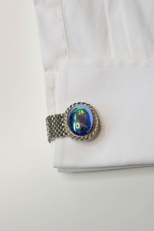 vintage silver mesh wraparound cufflinks with large blue glass oval cabochons, braided border