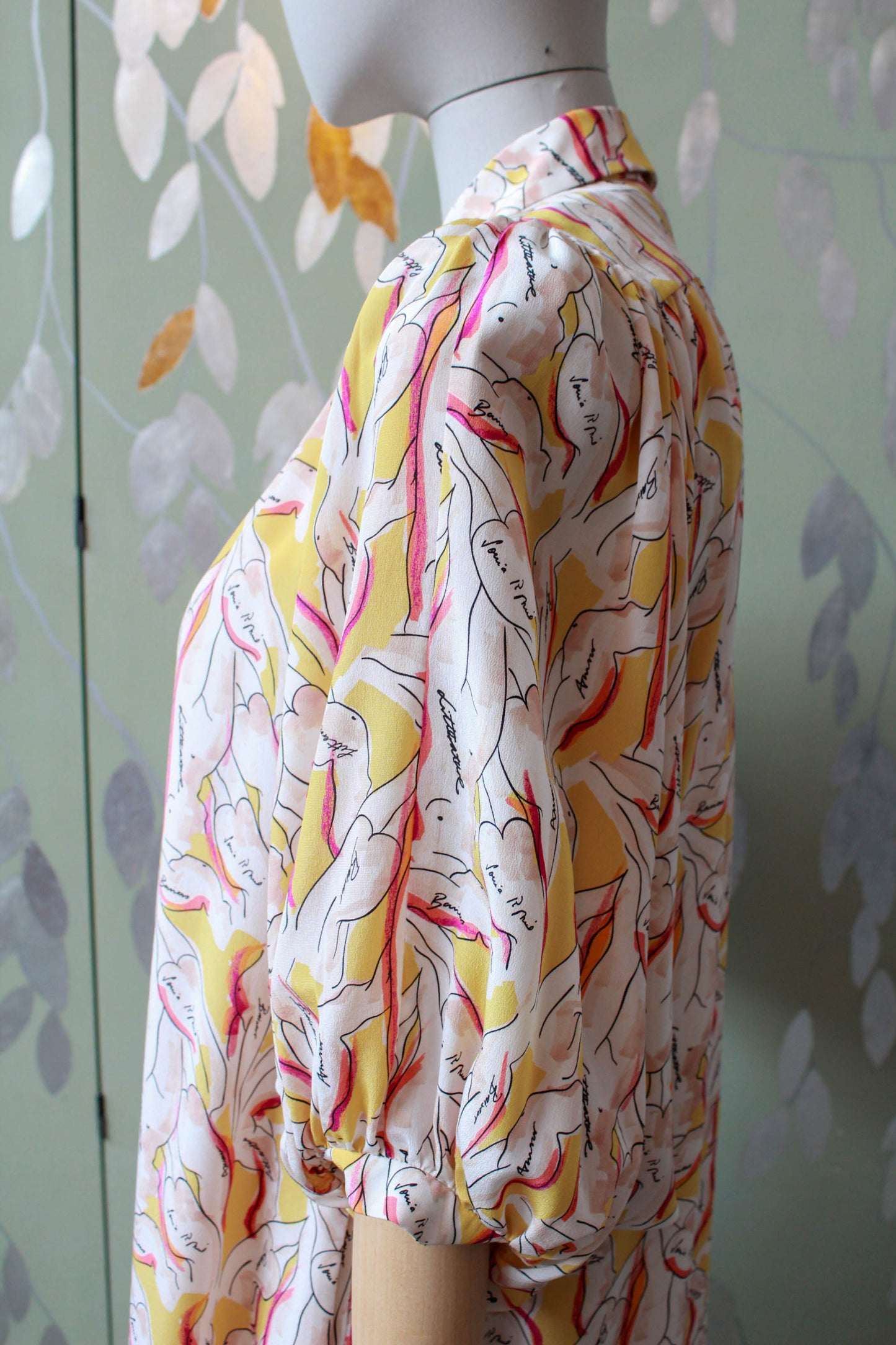 Sonia Rykiel silk dress with woman print, collared shirt dress with large blouson sleeves below knee, vintage designer clothing