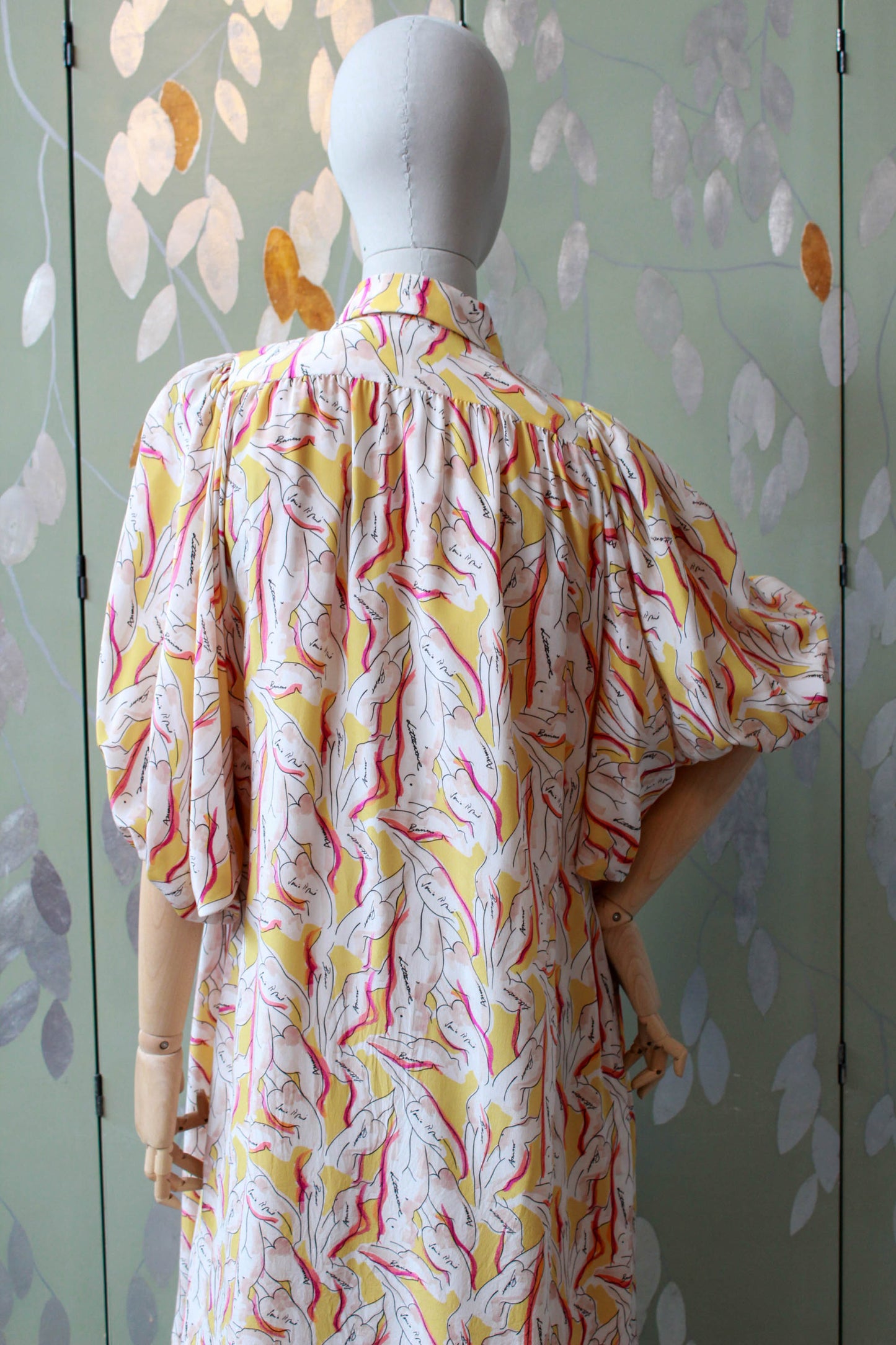 Sonia Rykiel silk dress with woman print, collared shirt dress with large blouson sleeves below knee, vintage designer clothing