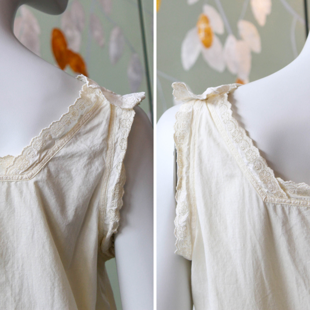 Antique White Cotton Nightgown with Daisy Eyelet Trim, Large