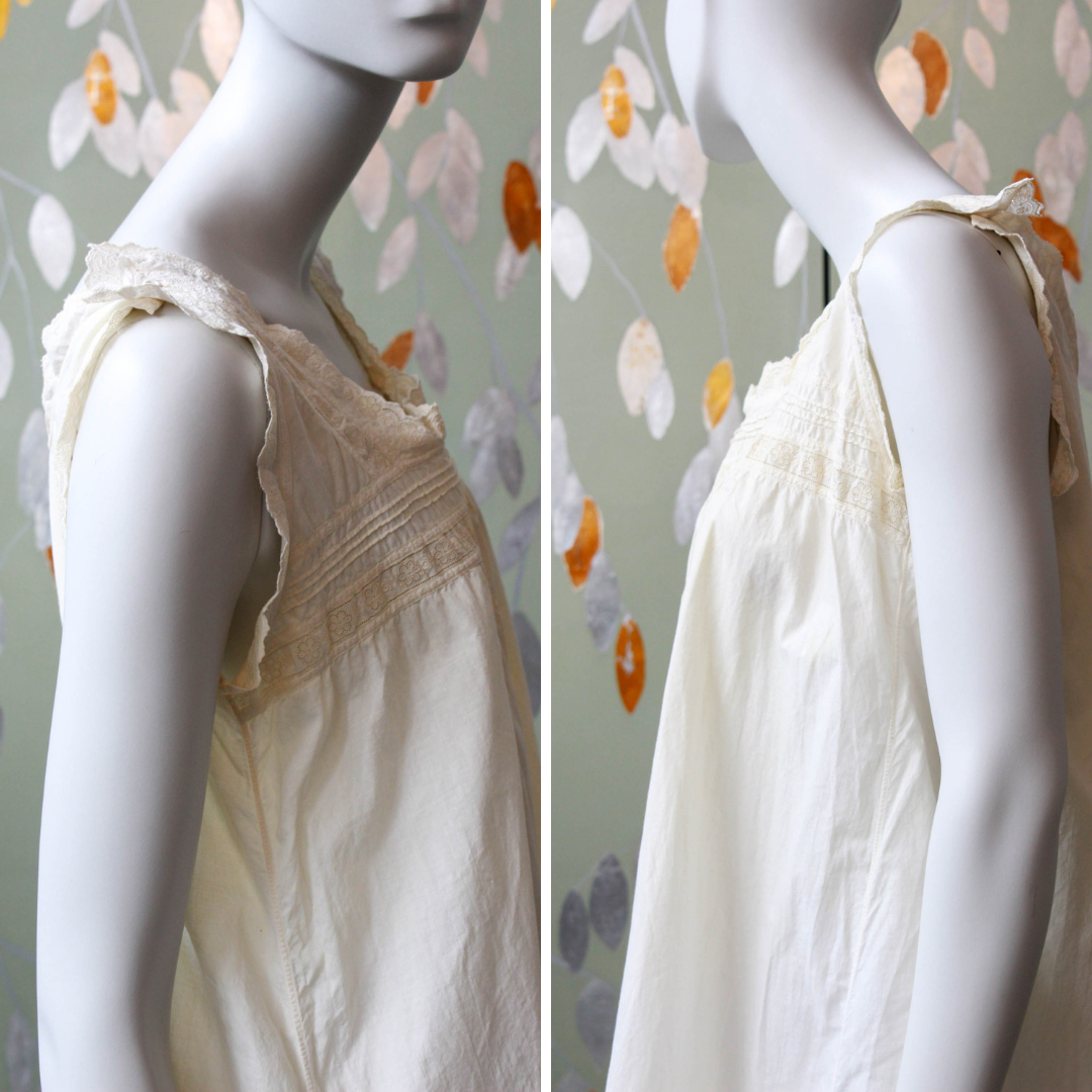 Antique White Cotton Nightgown with Daisy Eyelet Trim, Large