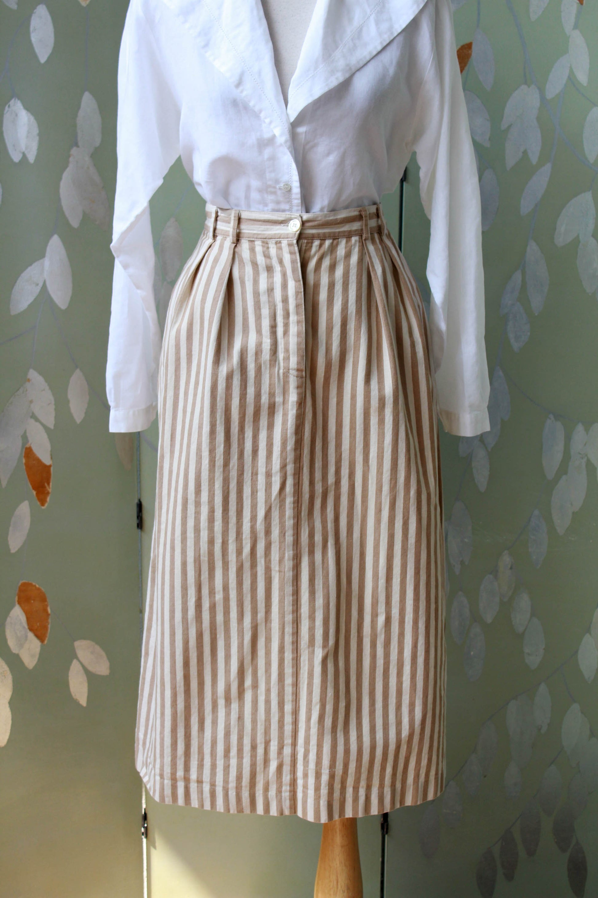 1980s taupe and beige striped midi length high waisted skirt by Esprit with button fly and straight fit