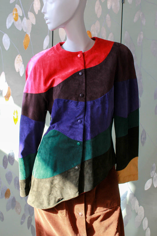 1980s Danier Leather Suede Jacket, Multi Coloured Wavy Panel Snap Front Jacket with asymmetrical hem