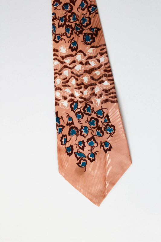 1940s Blue Floral Print Rayon Necktie