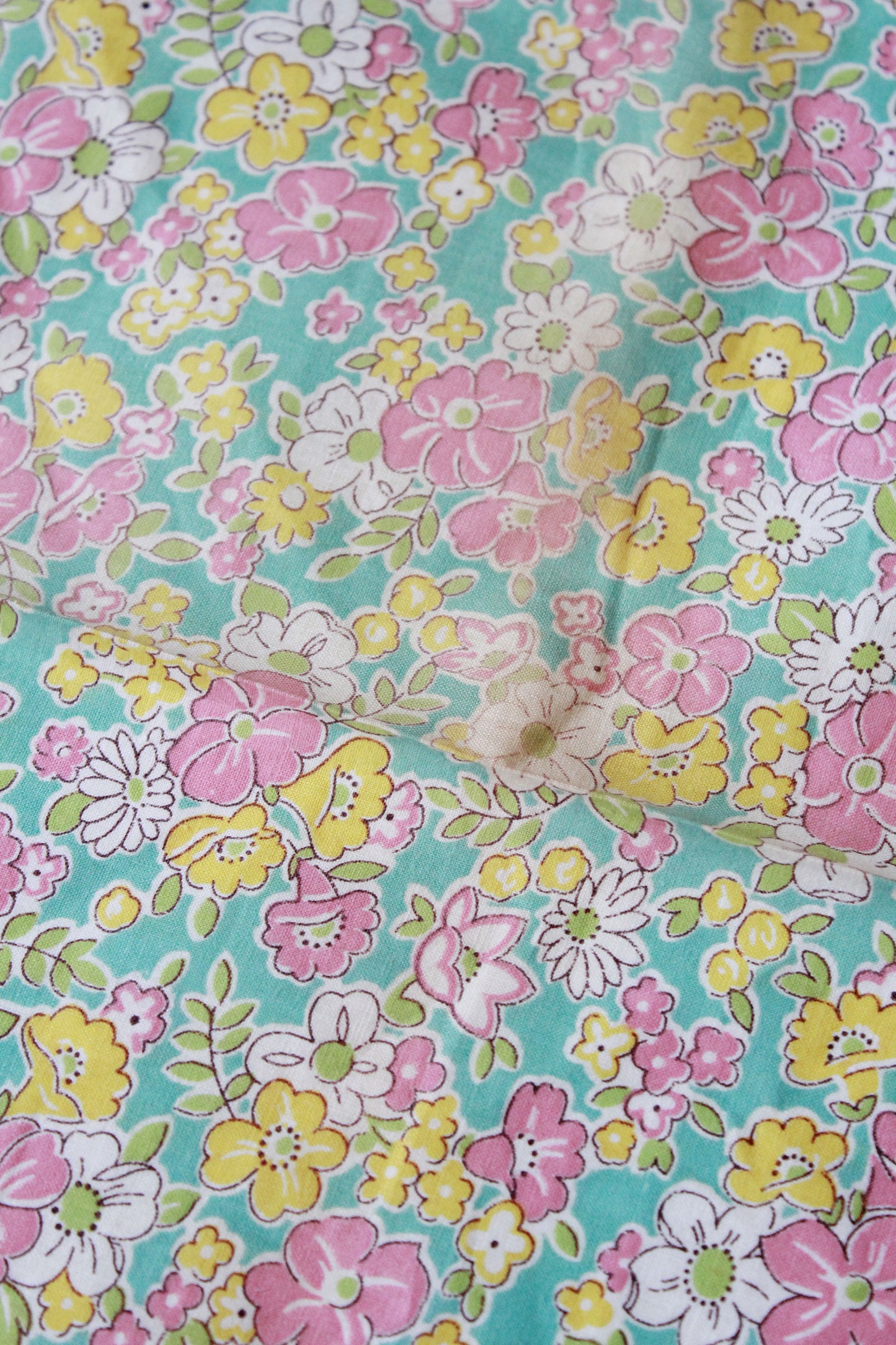 1960s Vintage Floral Fabric, 2 Yards, Teal And Pink Flower Sewing Fabric