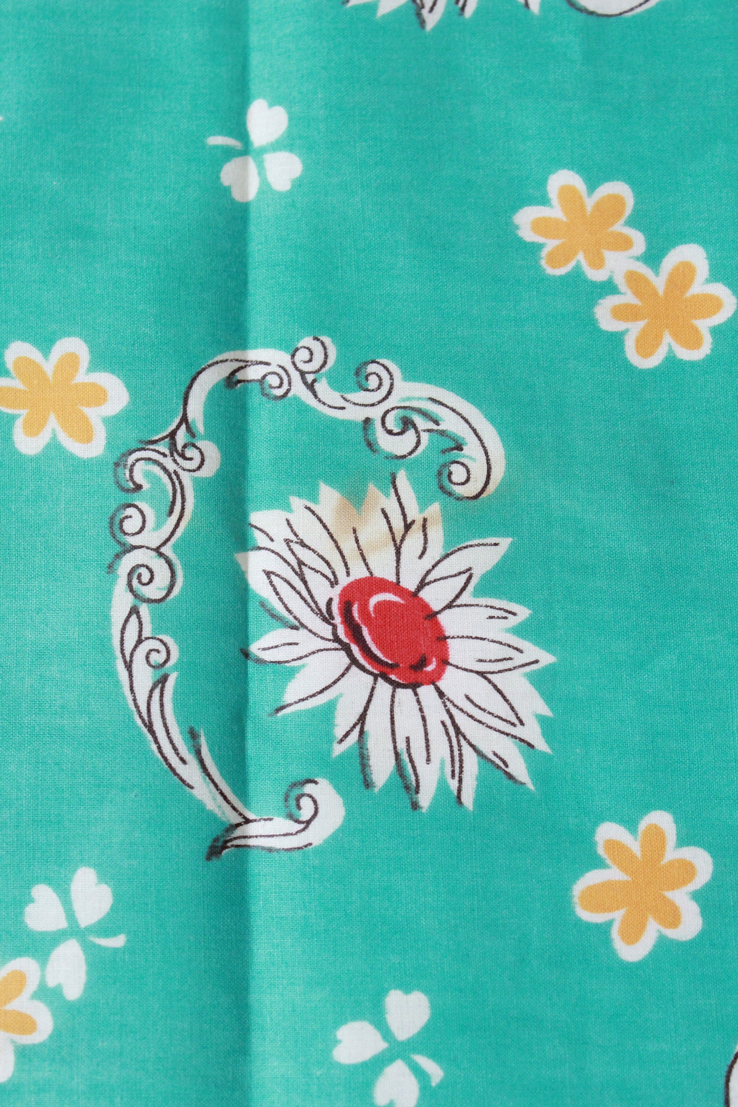 Vintage 1950s Cotton floral Fabric, Teal, Red and Yellow, 5.1 Yards, Summer Floral Fabric