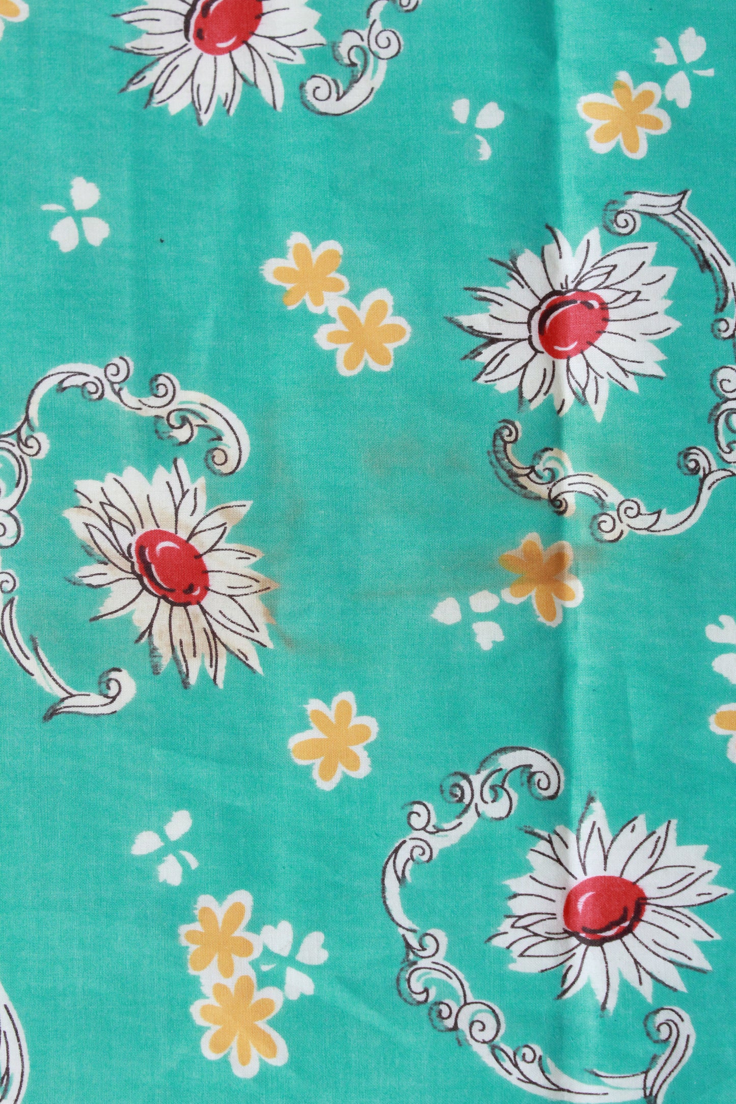 Vintage 1950s Cotton floral Fabric, Teal, Red and Yellow, 5.1 Yards, Summer Floral Fabric