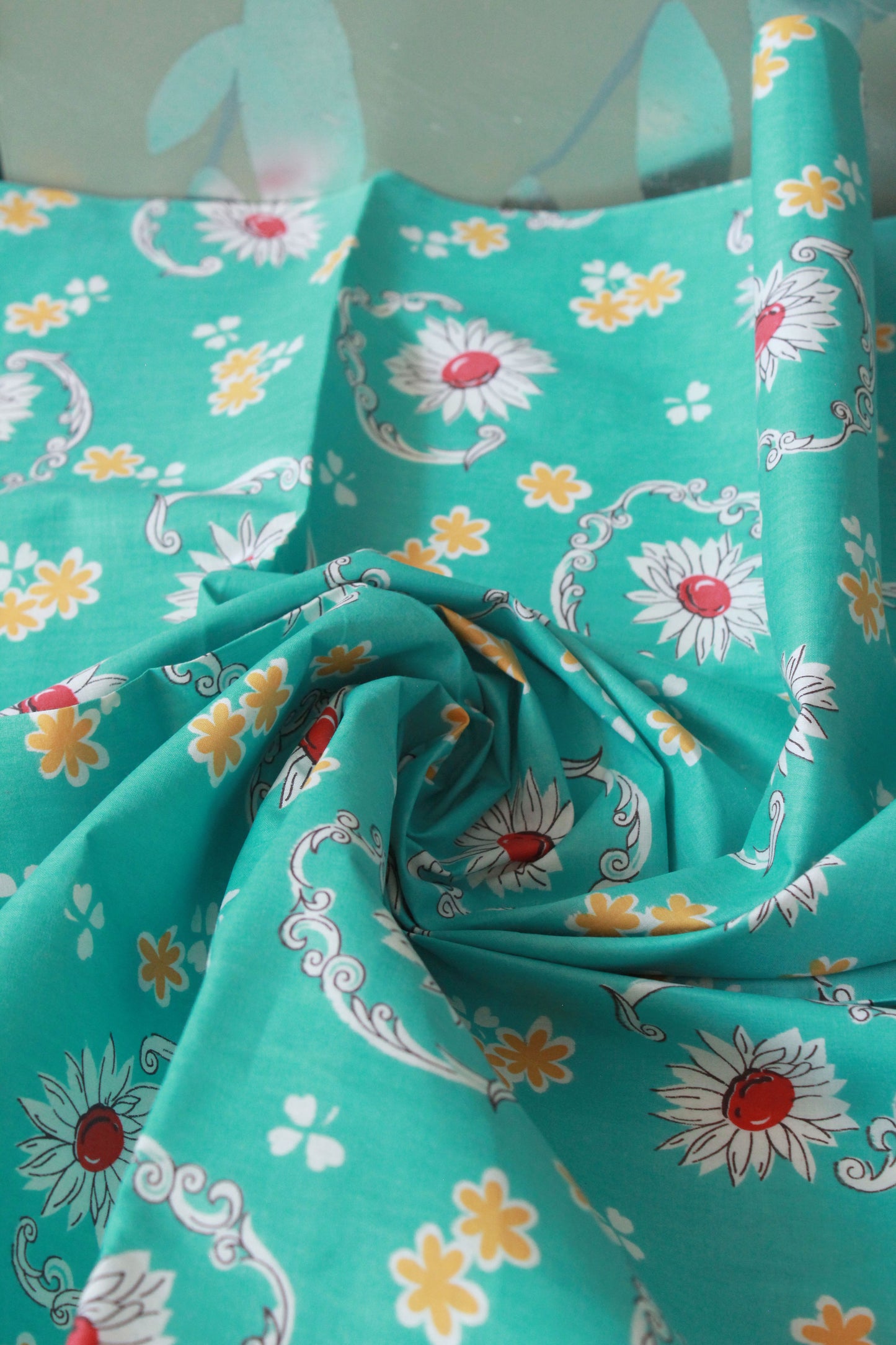 Vintage 1950s Cotton floral Fabric, Teal, Red and Yellow, 5.1 Yards, Summer Floral Fabric