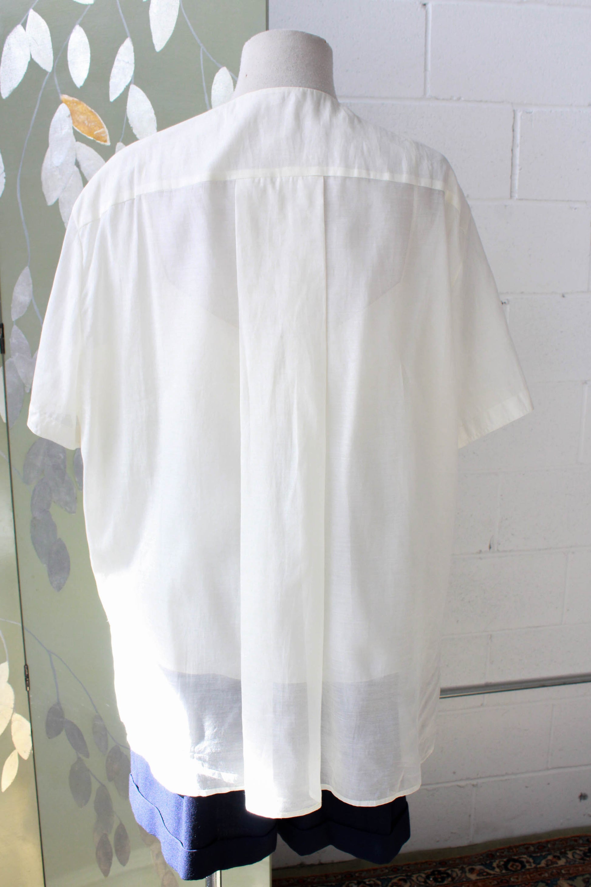 The Row Silk Button Up Shirt, Collarless, Short Sleeves, Pleated Front Design Minimalist Designer White Blouse