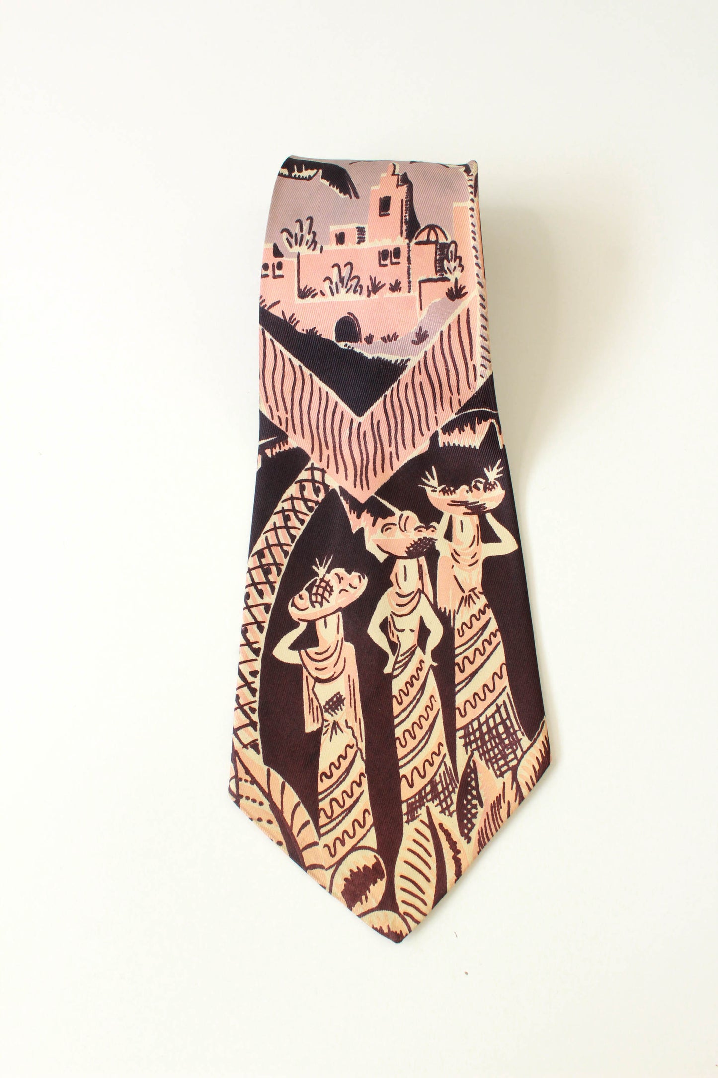 1940s Novelty Necktie, Three Women with Fruit Baskets, Rayon