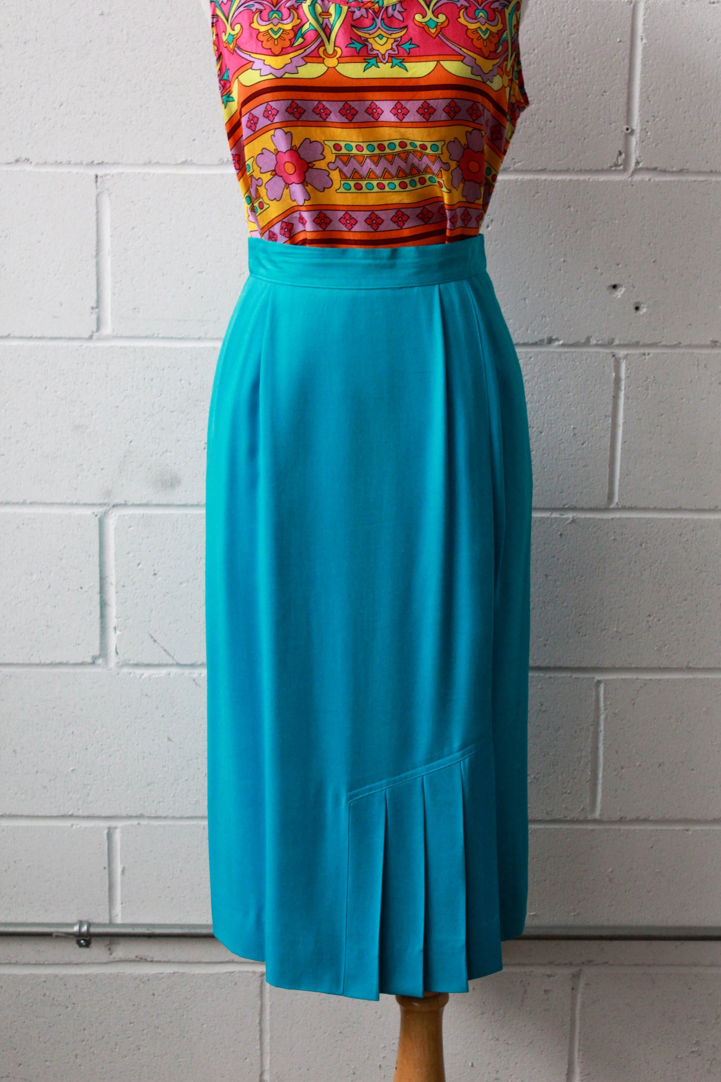 80s Turquoise Blue Midi Skirt, Waist 26"