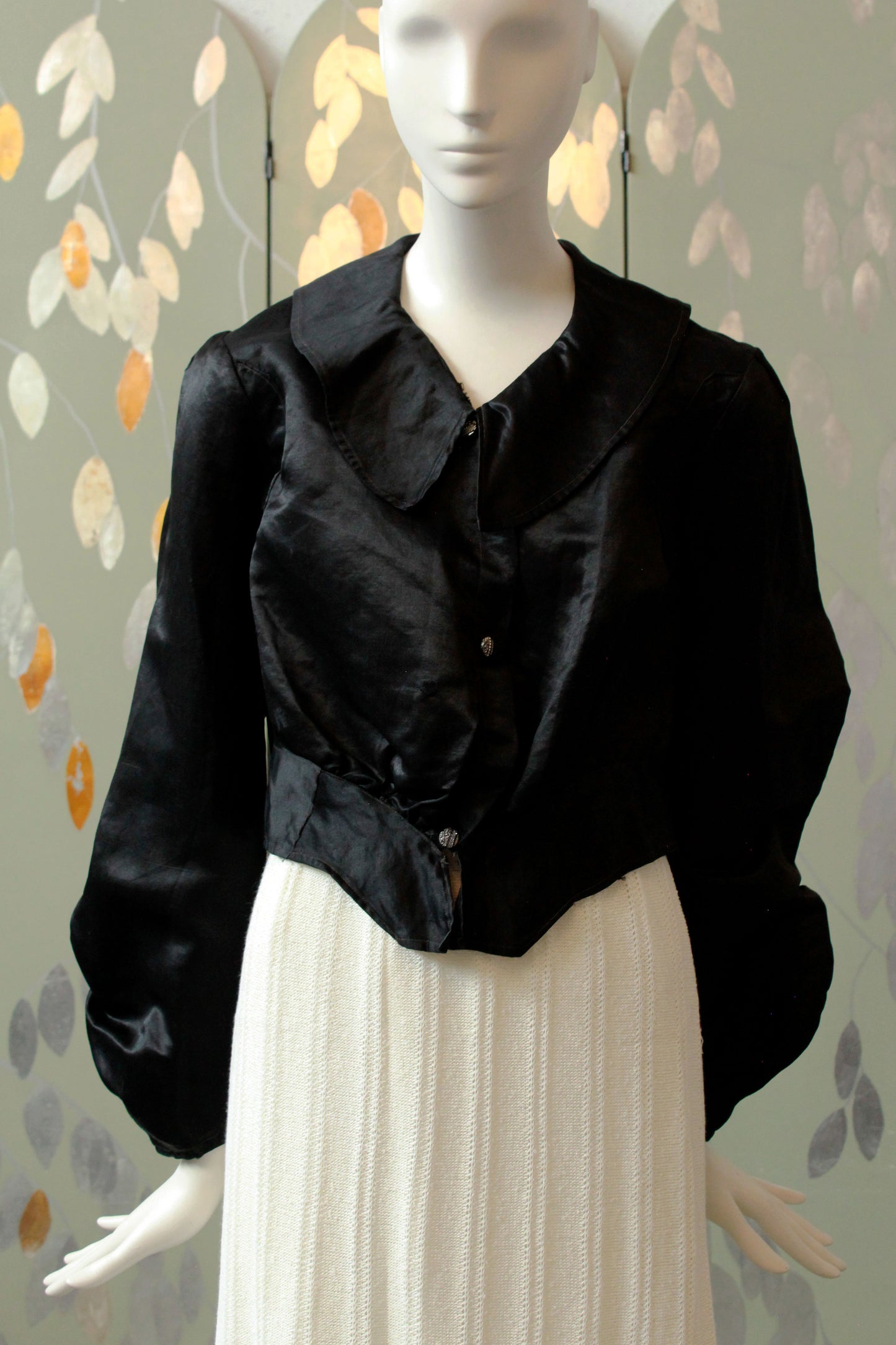 Antique Victorian Black Blouse, Collared top, Vintage Balloon Sleeve Blouse, Large, As Is