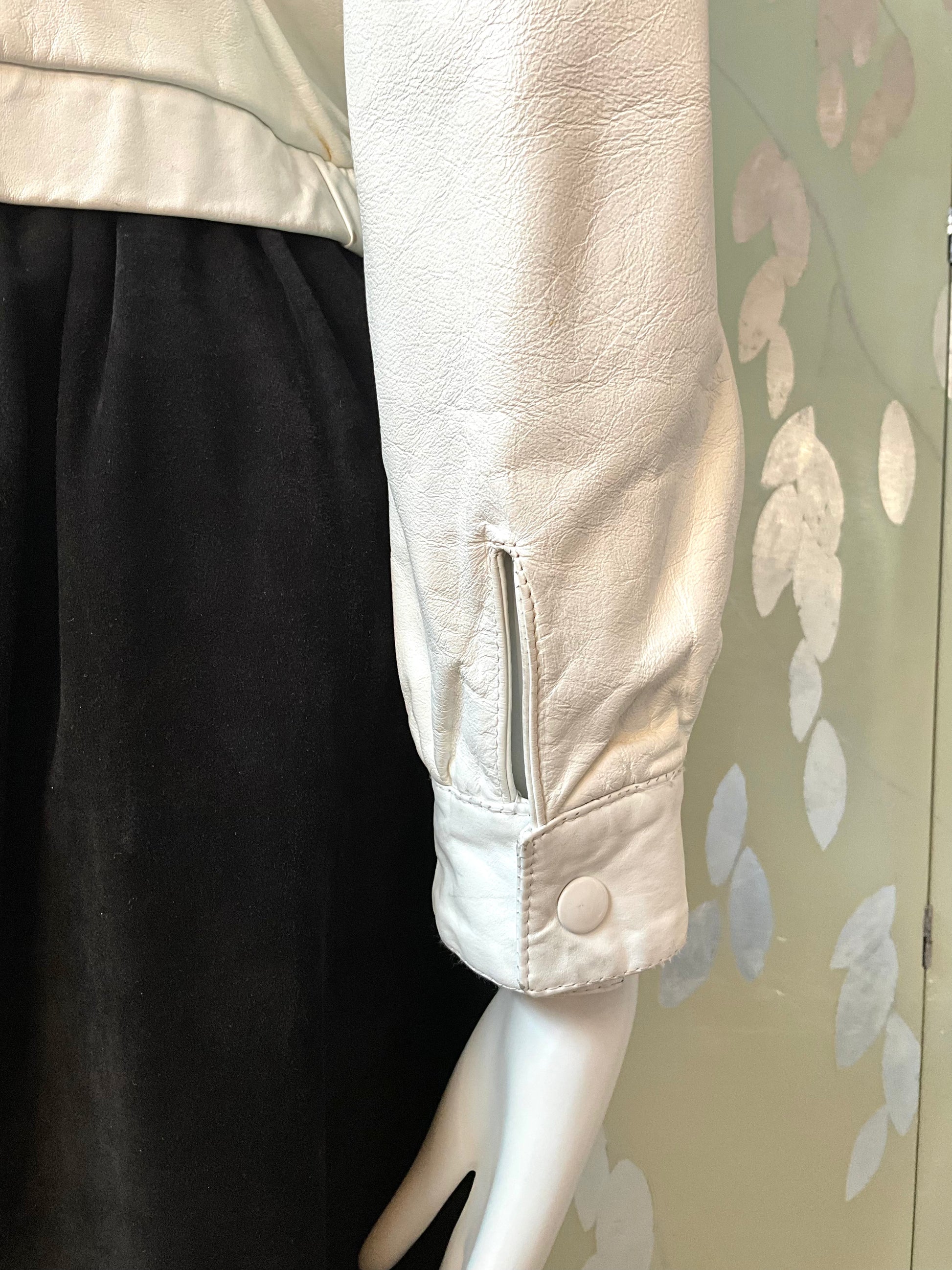 Vintage 1980s White Leather Bomber Jacket with Funnel Neck, Small 