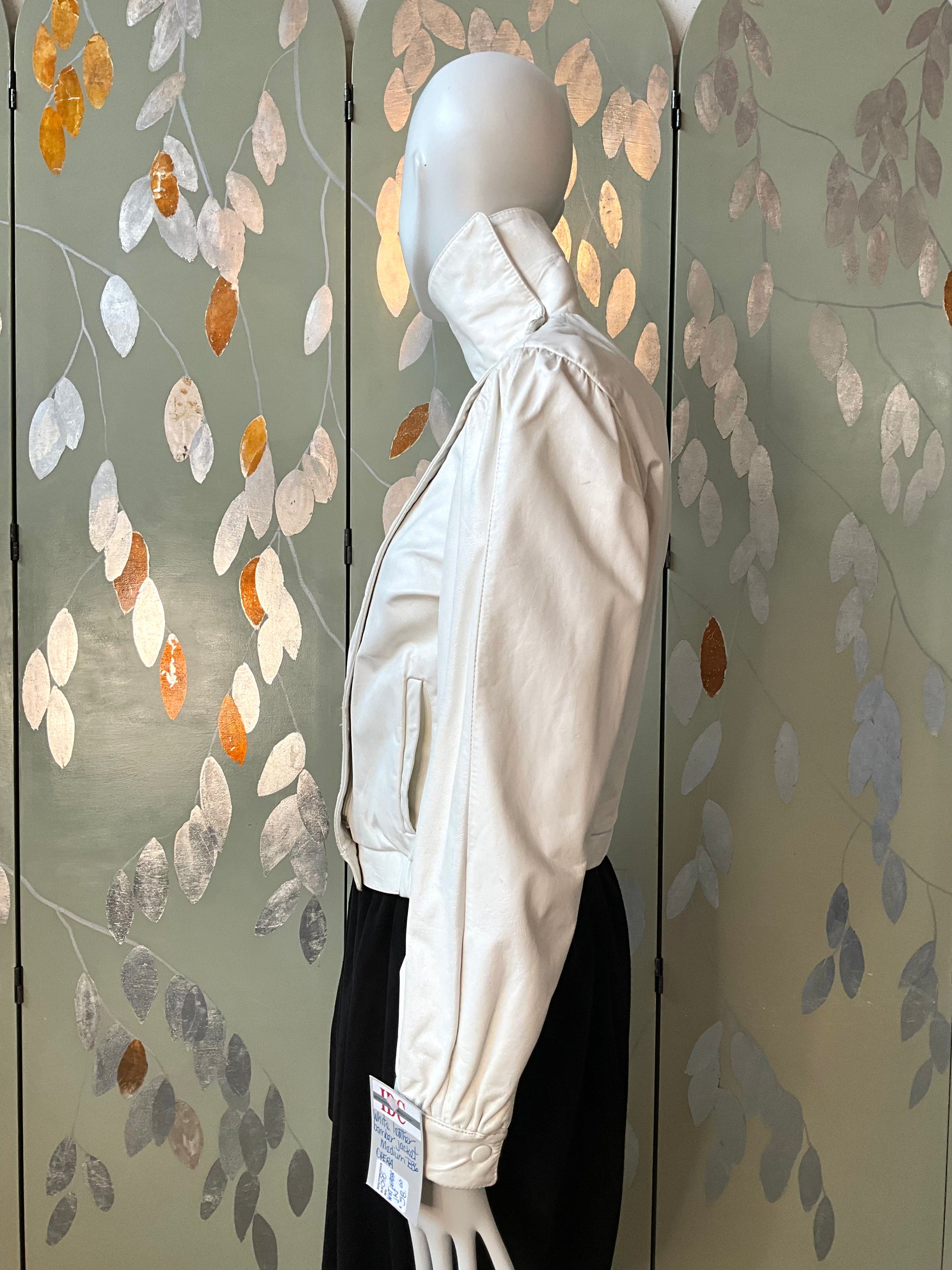 Vintage 1980s White Leather Bomber Jacket with Funnel Neck, Small 