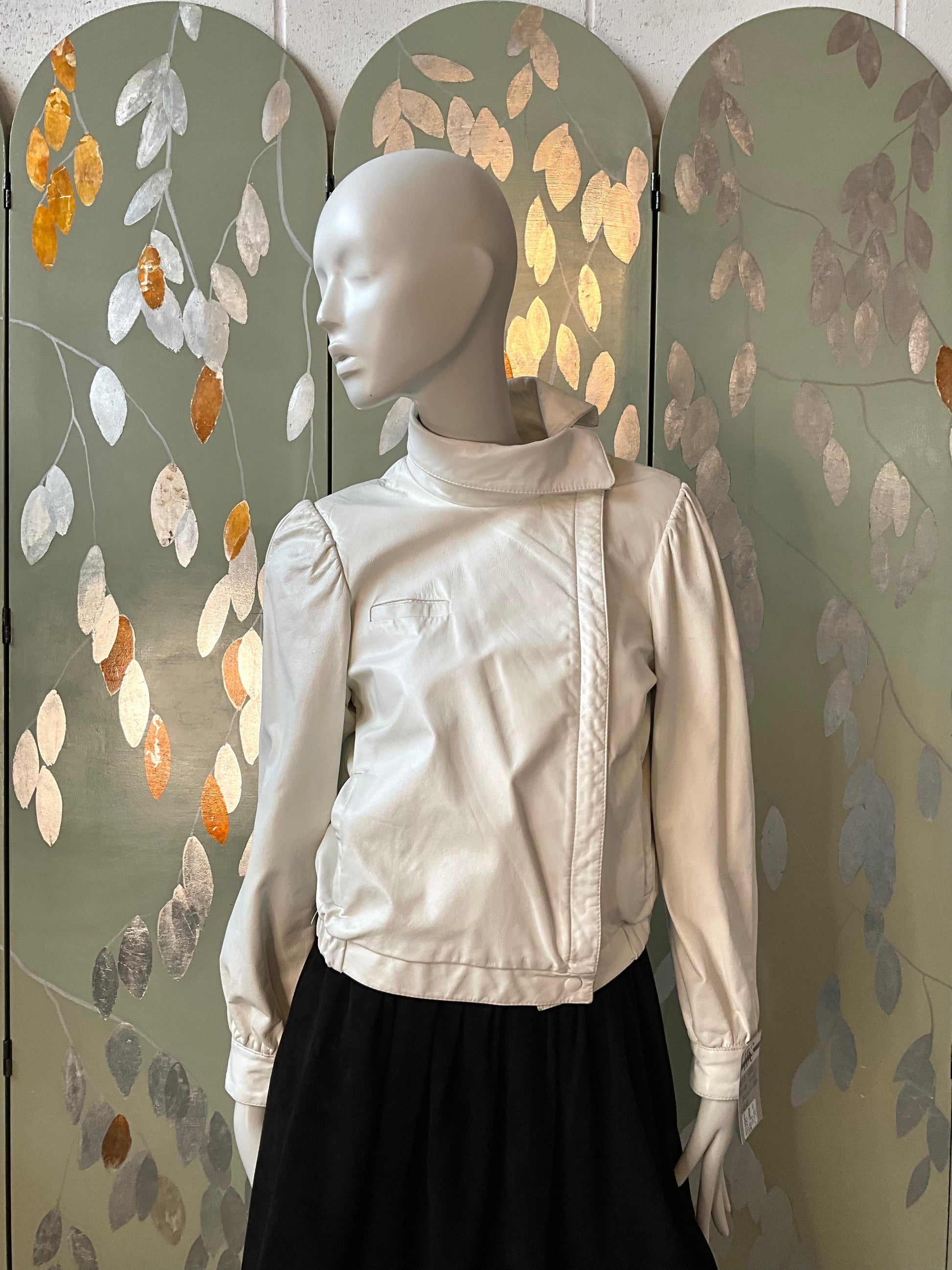 Vintage 1980s White Leather Bomber Jacket with Funnel Neck, Small 