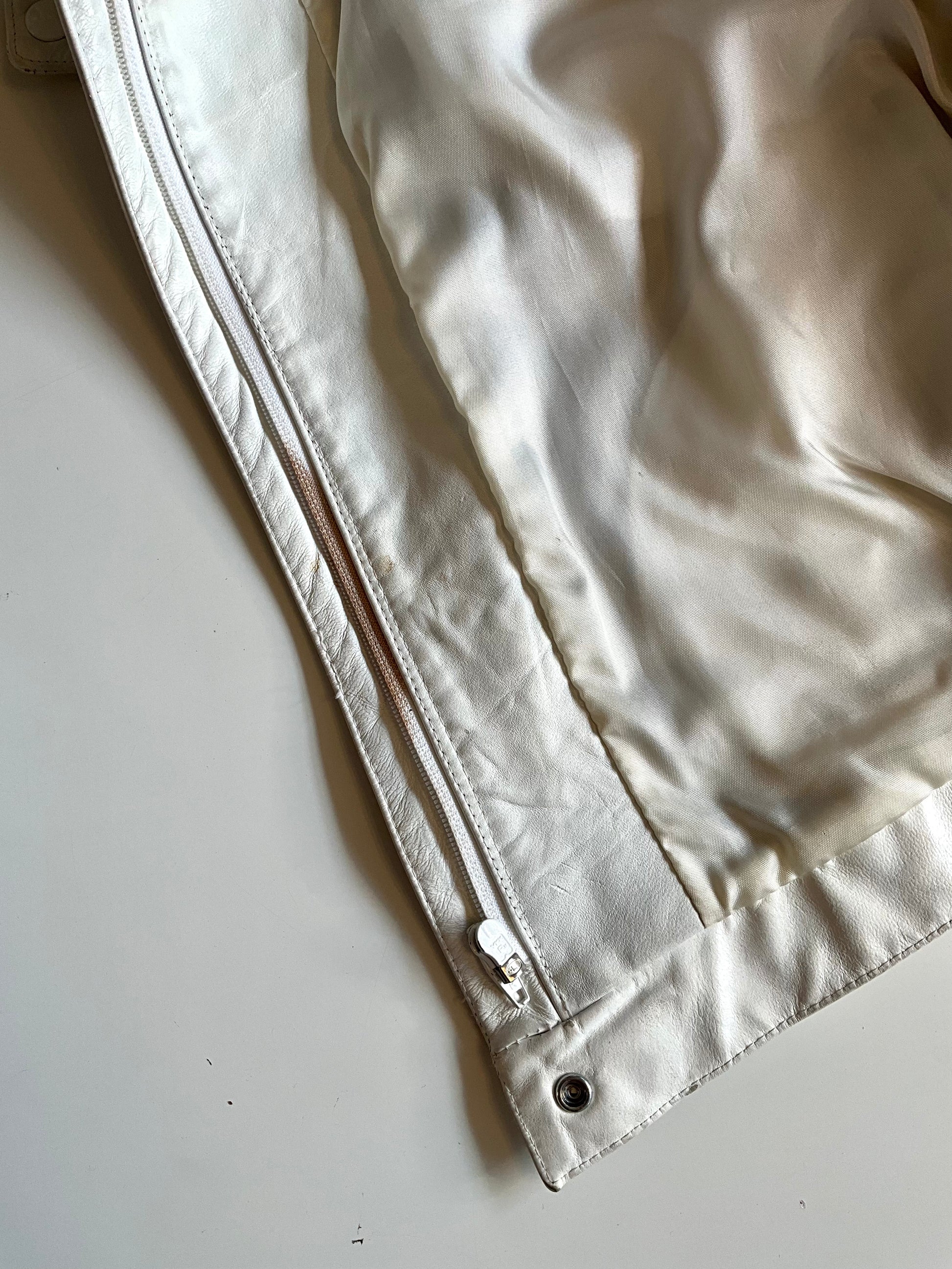 Vintage 1980s White Leather Bomber Jacket with Funnel Neck, Small 