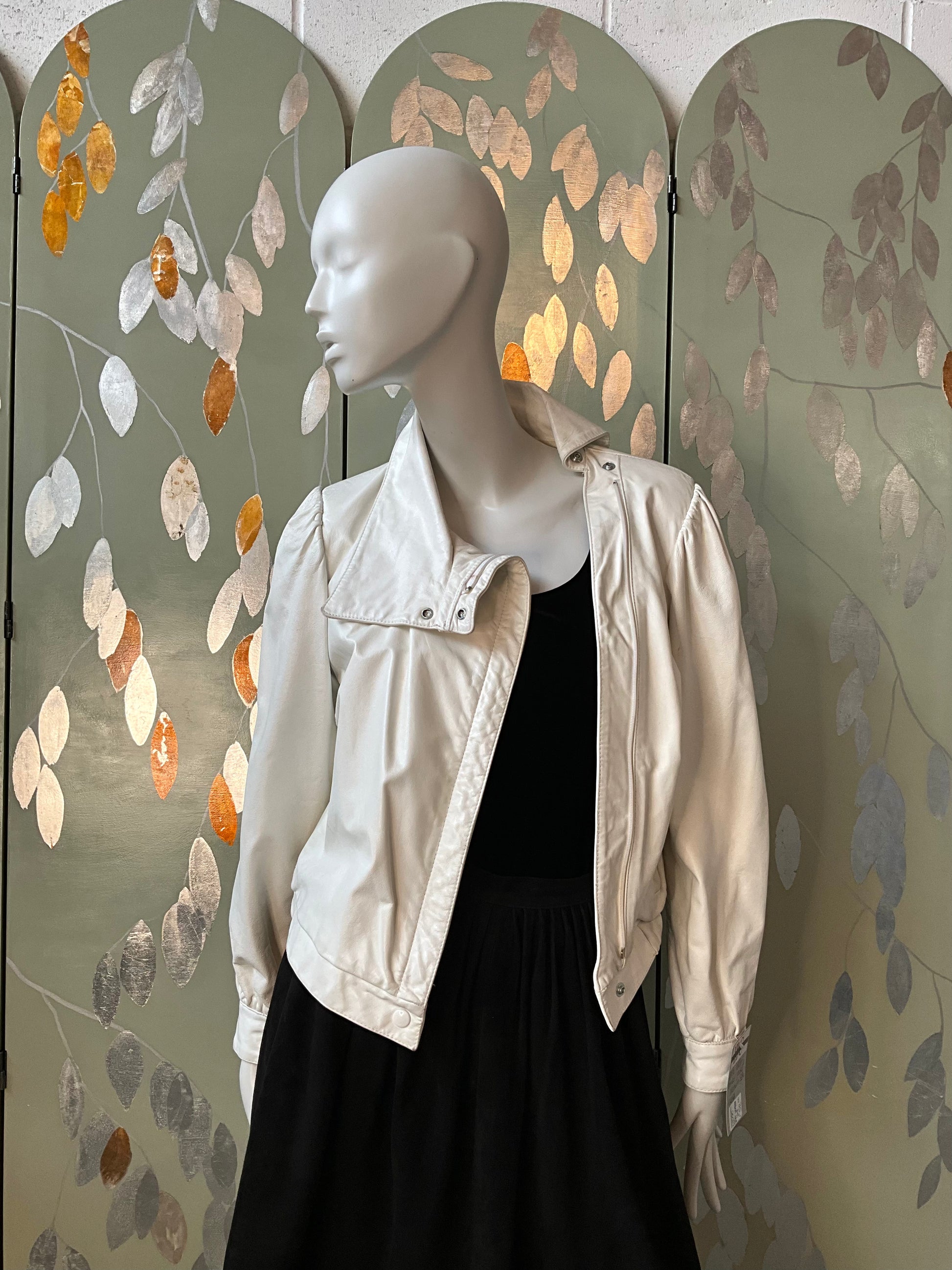 Vintage 1980s White Leather Bomber Jacket with Funnel Neck, Small 