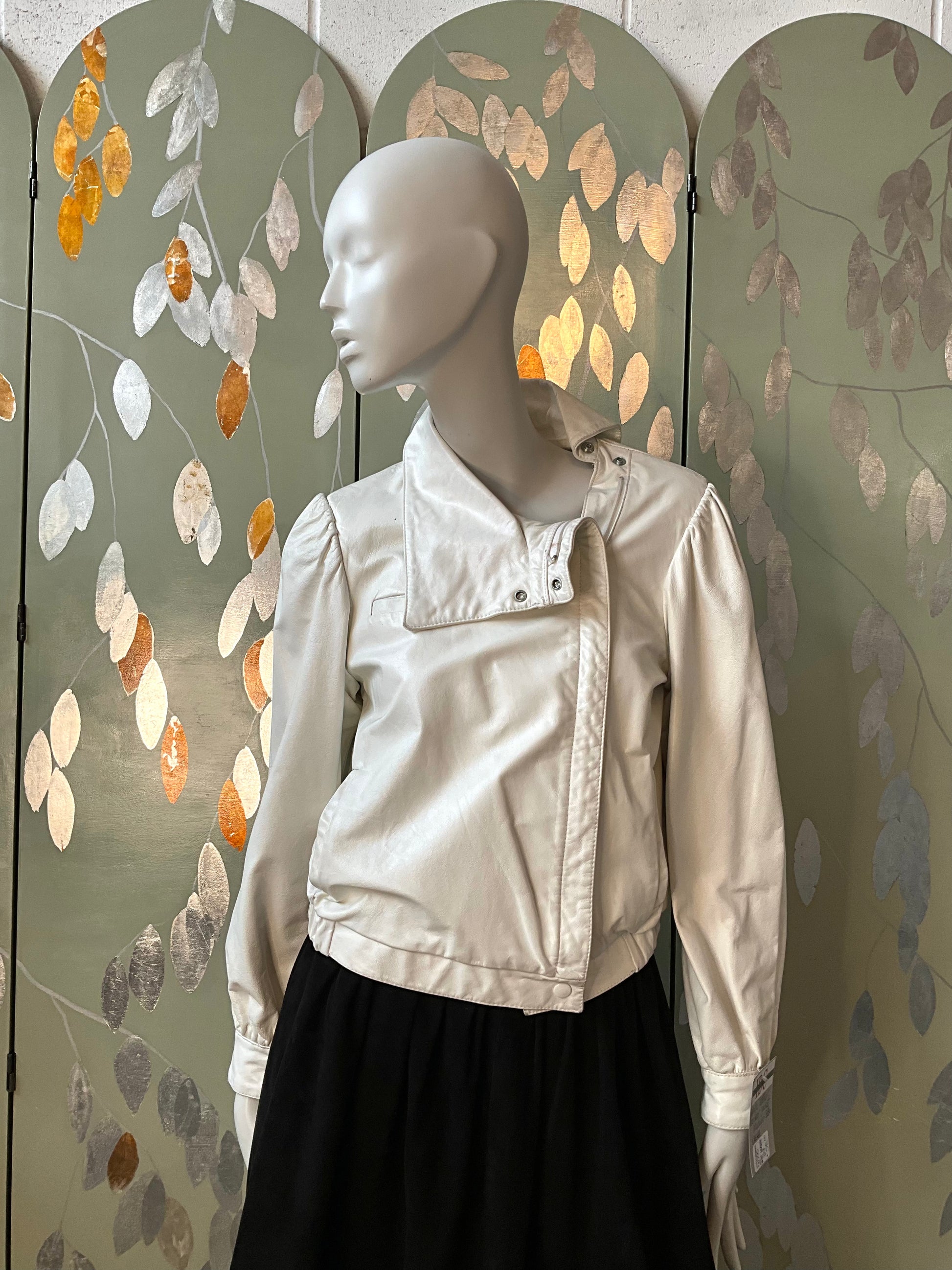 Vintage 1980s White Leather Bomber Jacket with Funnel Neck, Small 