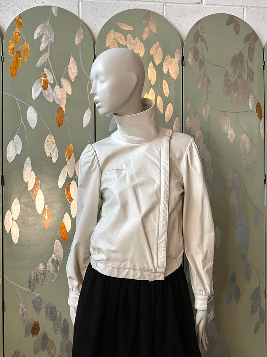 Vintage 1980s White Leather Bomber Jacket with Funnel Neck, Small 