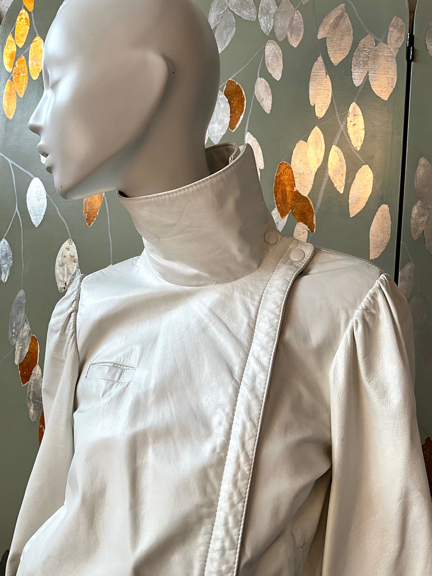 Vintage 1980s White Leather Bomber Jacket with Funnel Neck, Small 