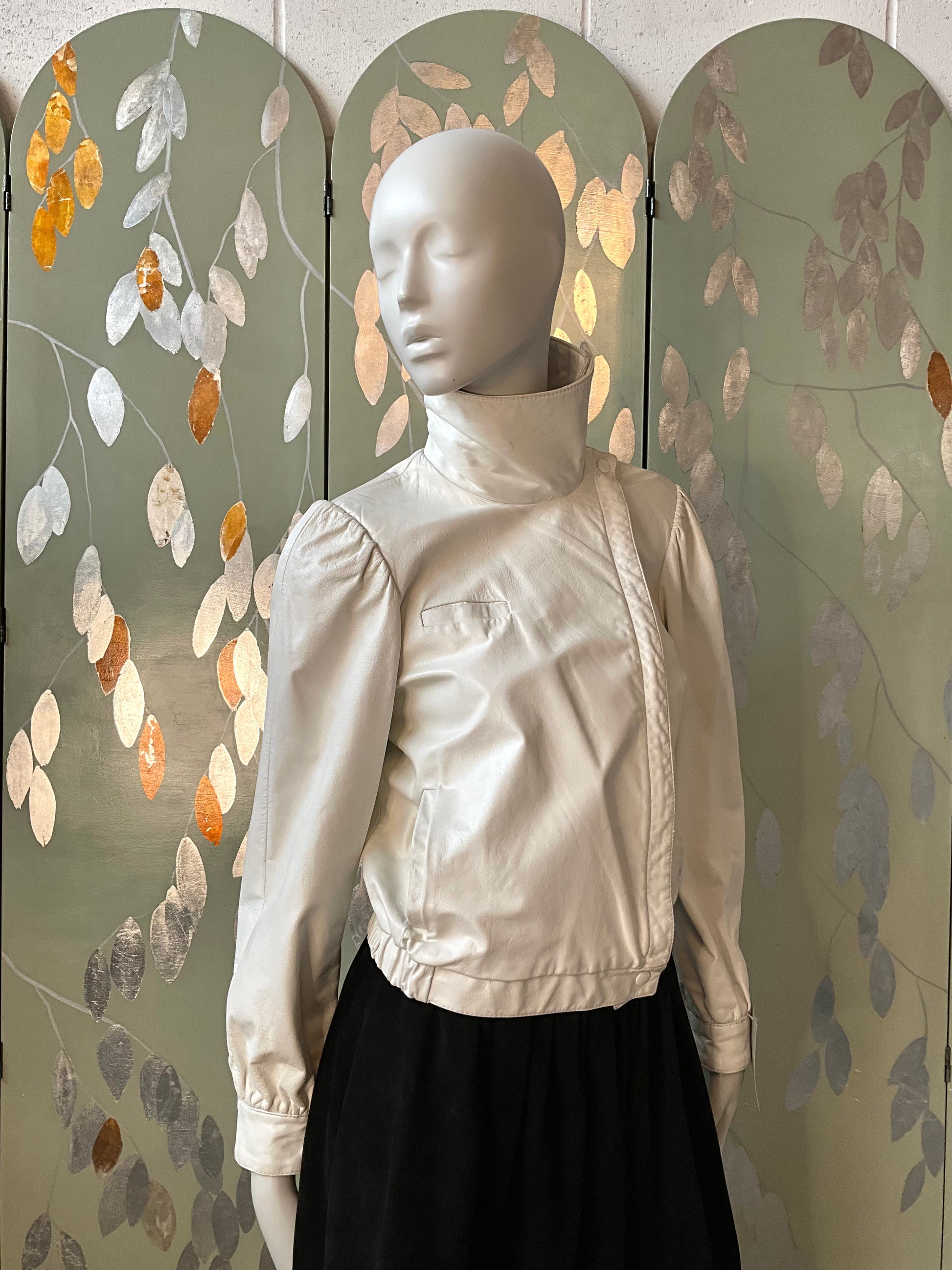 Vintage 1980s White Leather Bomber Jacket with Funnel Neck, Small 