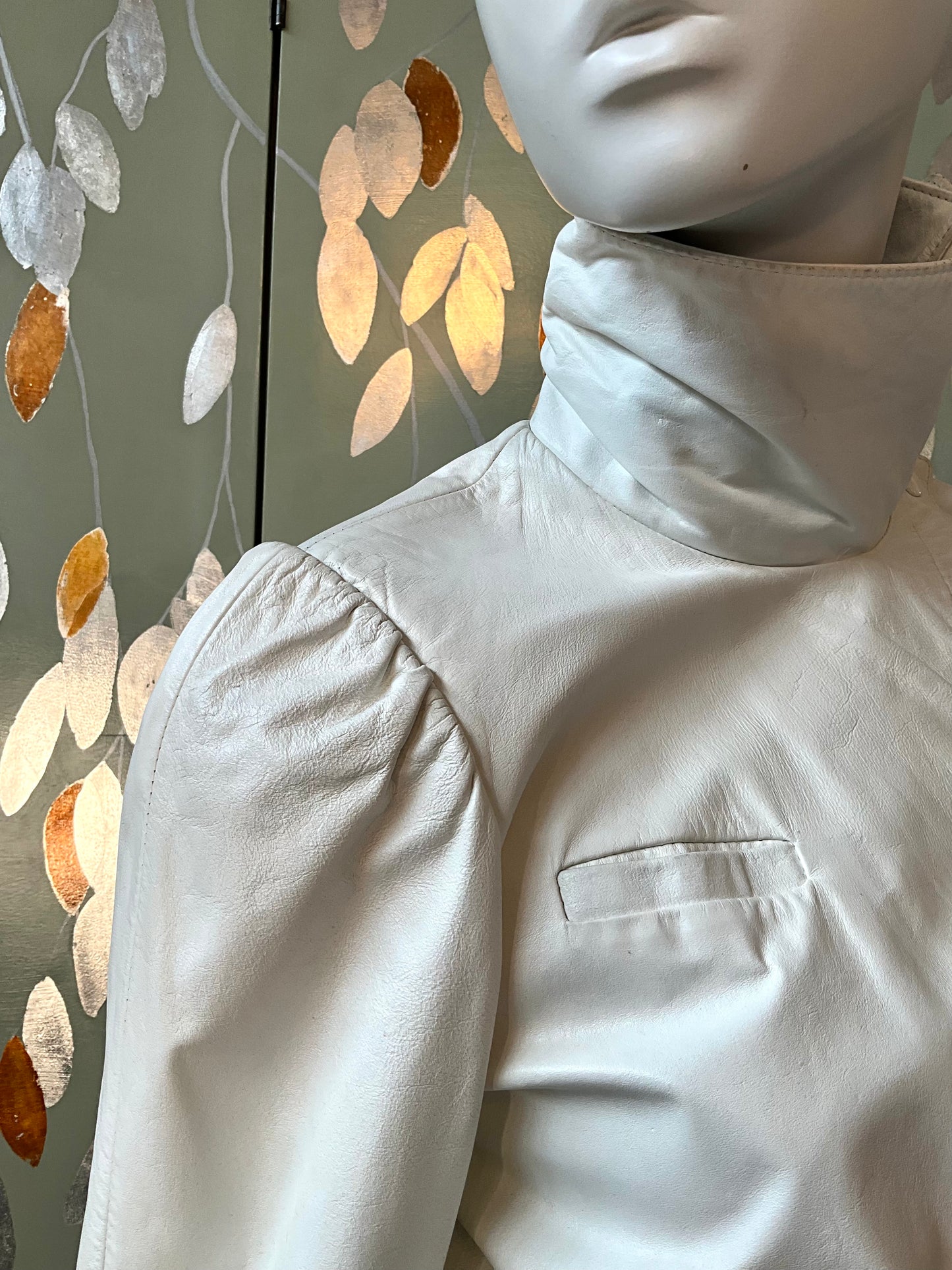 Vintage 1980s White Leather Bomber Jacket with Funnel Neck, Small 