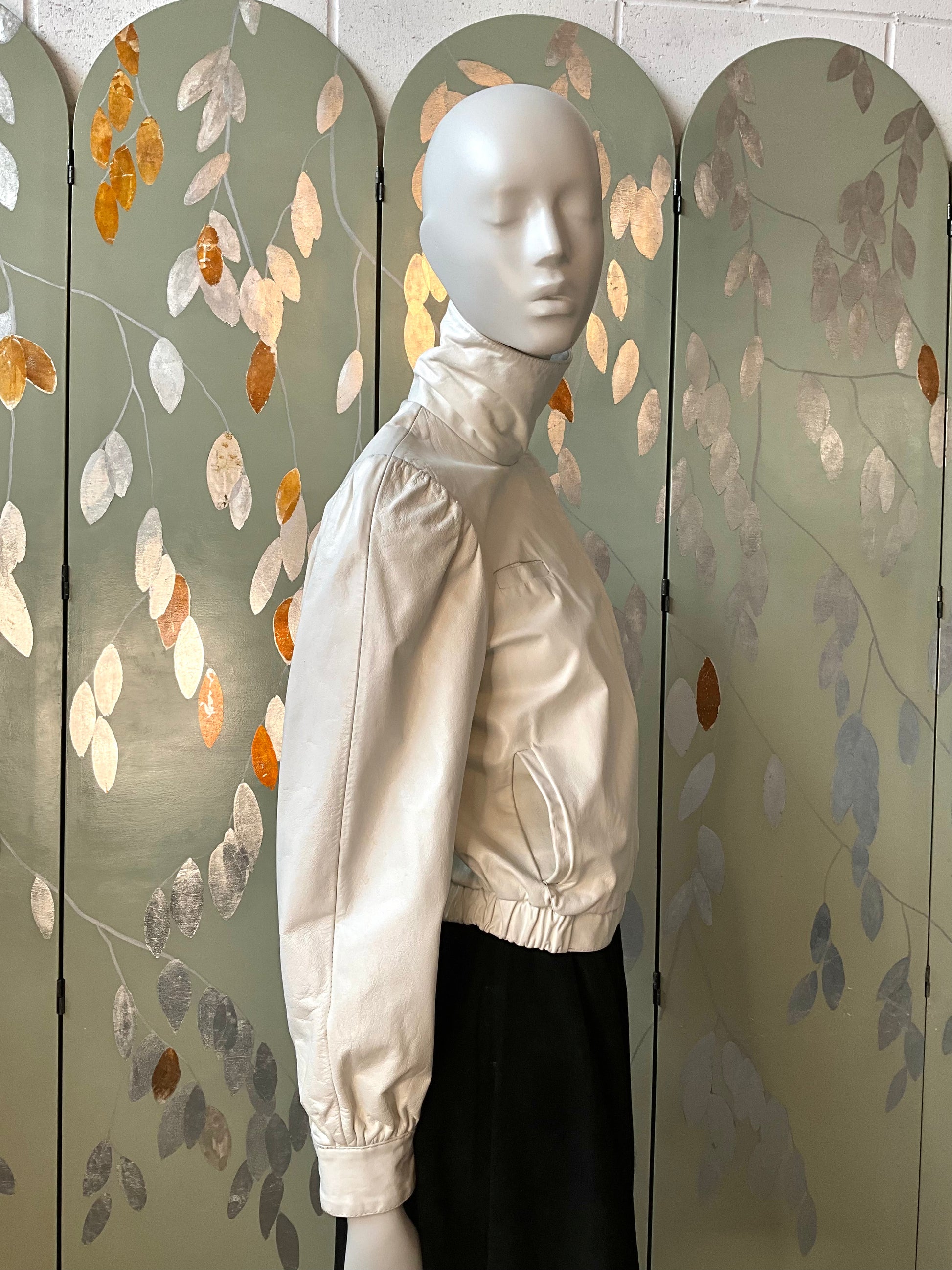 Vintage 1980s White Leather Bomber Jacket with Funnel Neck, Small 